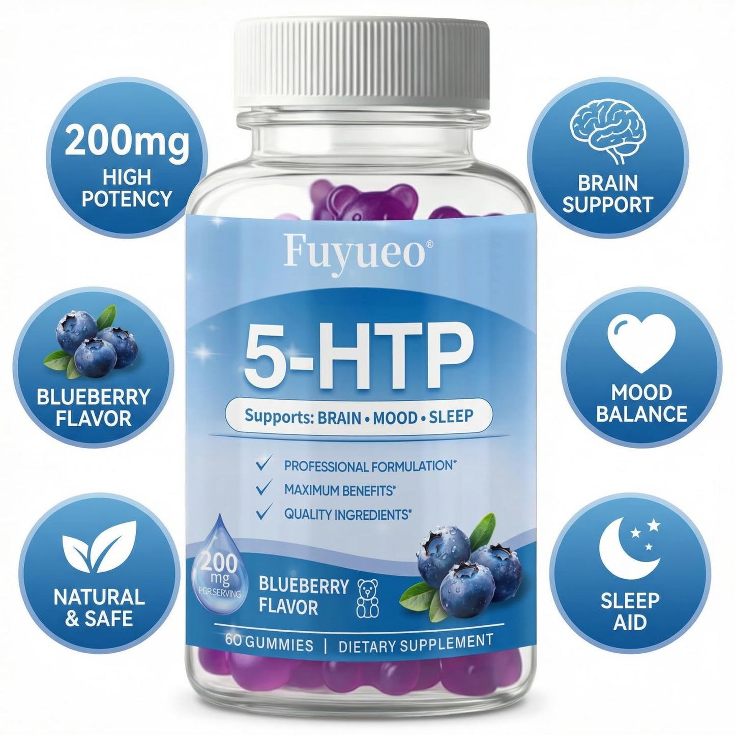 FUYUEO 5-HTP Gummies 200mg with SAMe & Vitamin B6, 60 Gummies