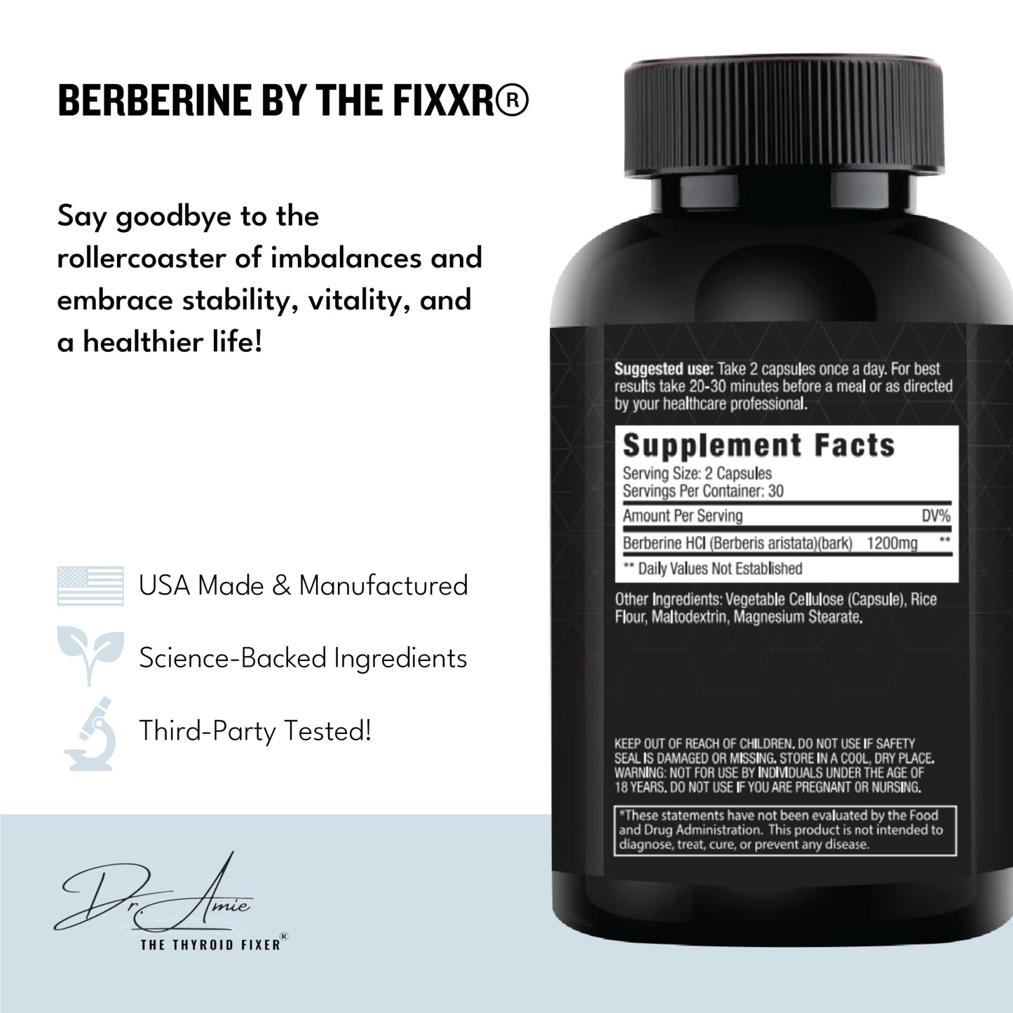 Fixxr Berberine HCI by Dr. Amie 1200 mg Berberine per Serving Capsule 60 Count