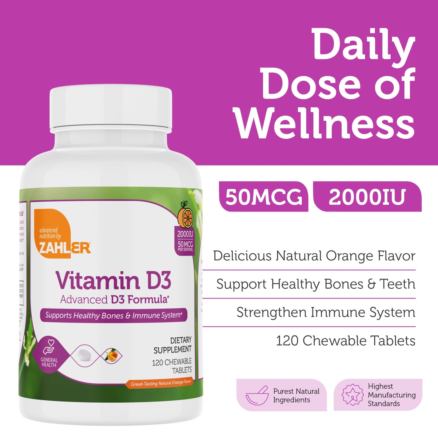 Zahler Vitamin D3 Chewable 2000IU Tablet, 120 Tablets