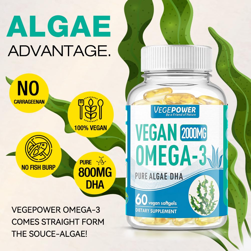 VEGEPOWER Vegan Omega 3 Supplement 800mg DHA Softgels, 60 Count