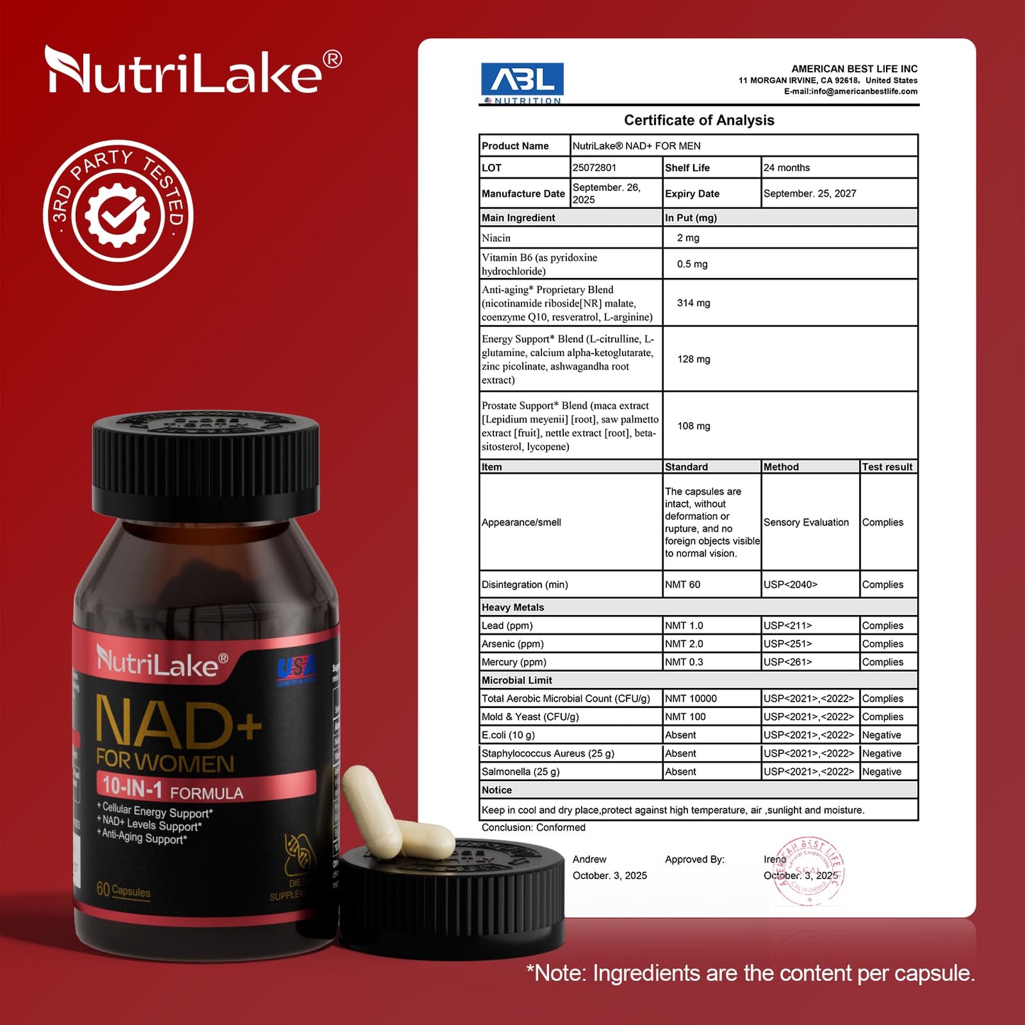 NUTRILAKE NAD+ Support Supplement for Women Capsules, 60 Count