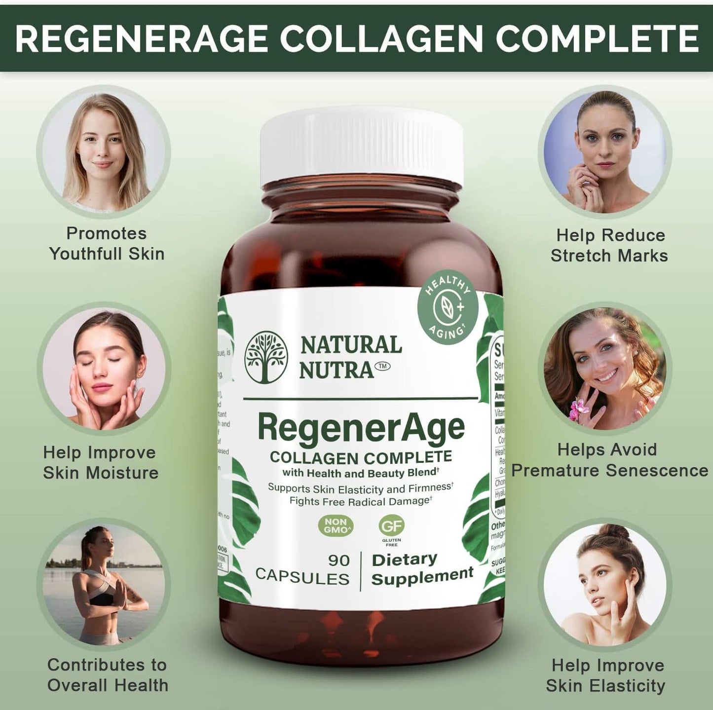 Natural Nutra RegenerAge Complete Supplement for Skin Health with Protein Peptides, 90 Capsules