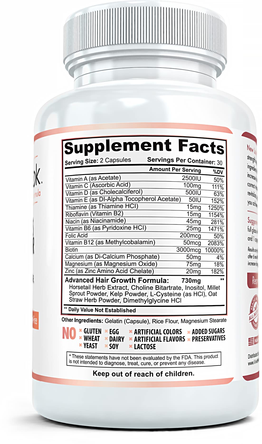Vivid Health Nutrition Hair Growth Support Vitamins for Women and Men, Clinical Strength, 60 Capsules