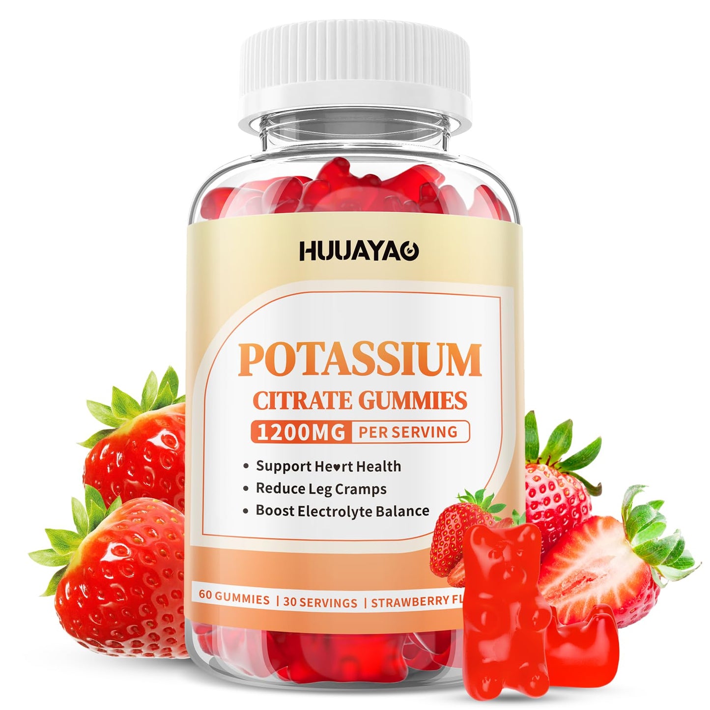 HUUAYAO Potassium Citrate Gummies 1200mg for Adults, Women & Men, Sugar Free Strawberry Flavor, 60 Count