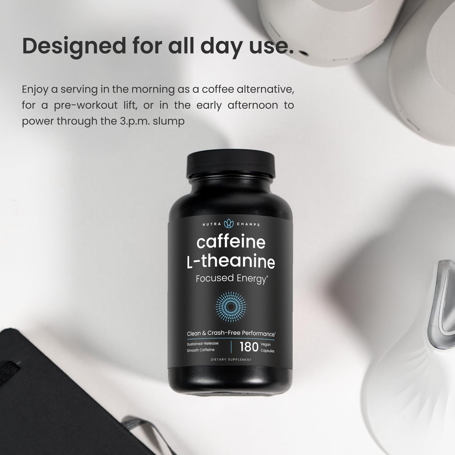 NutraChamps Caffeine Pills with L-Theanine Capsules, 180 Count