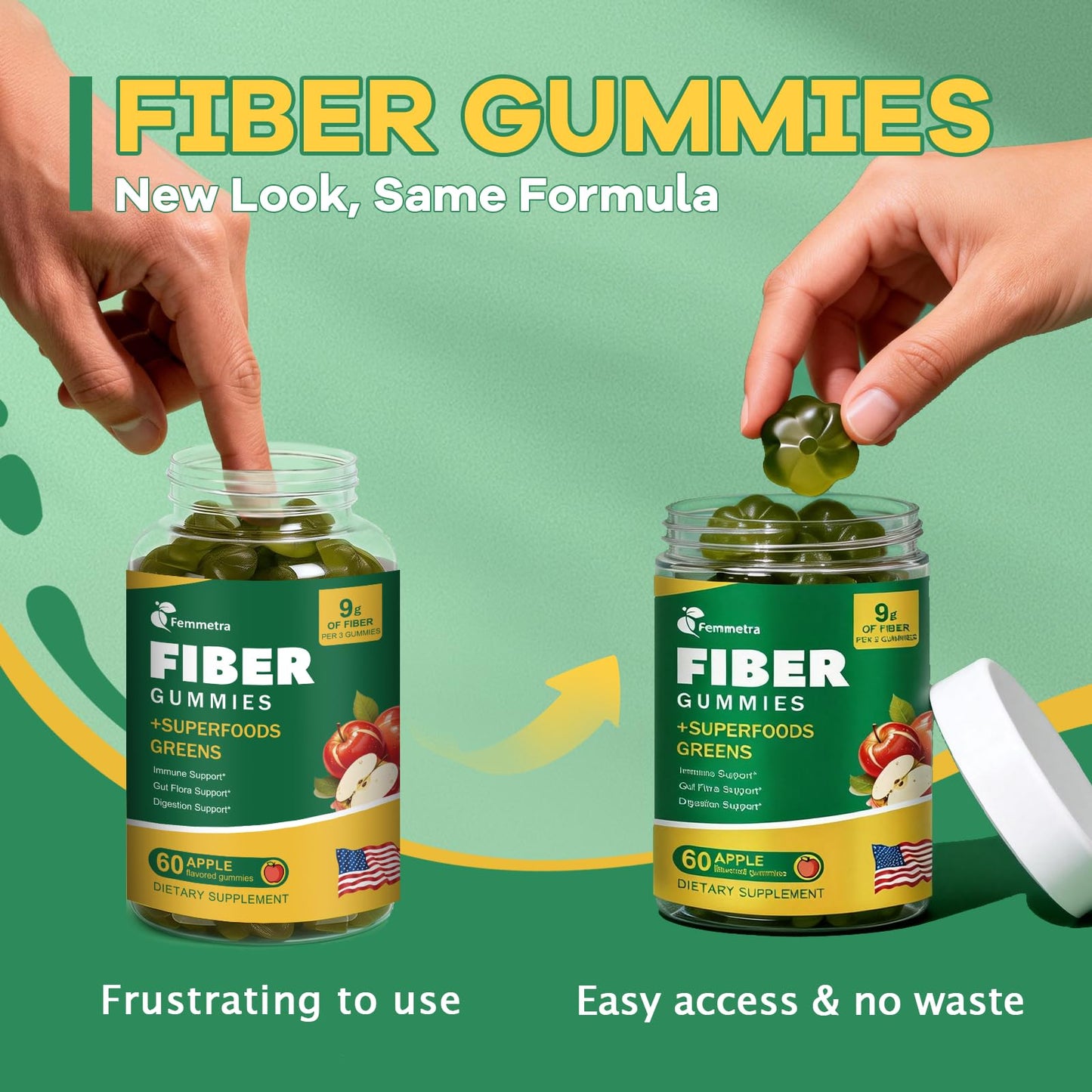 Femmetra 9G Fiber Gummies for Digestive Health & Regularity, No Sugar Added Apple Flavor, Prebiotic Fiber Supplement with Greens, 120 Gummies