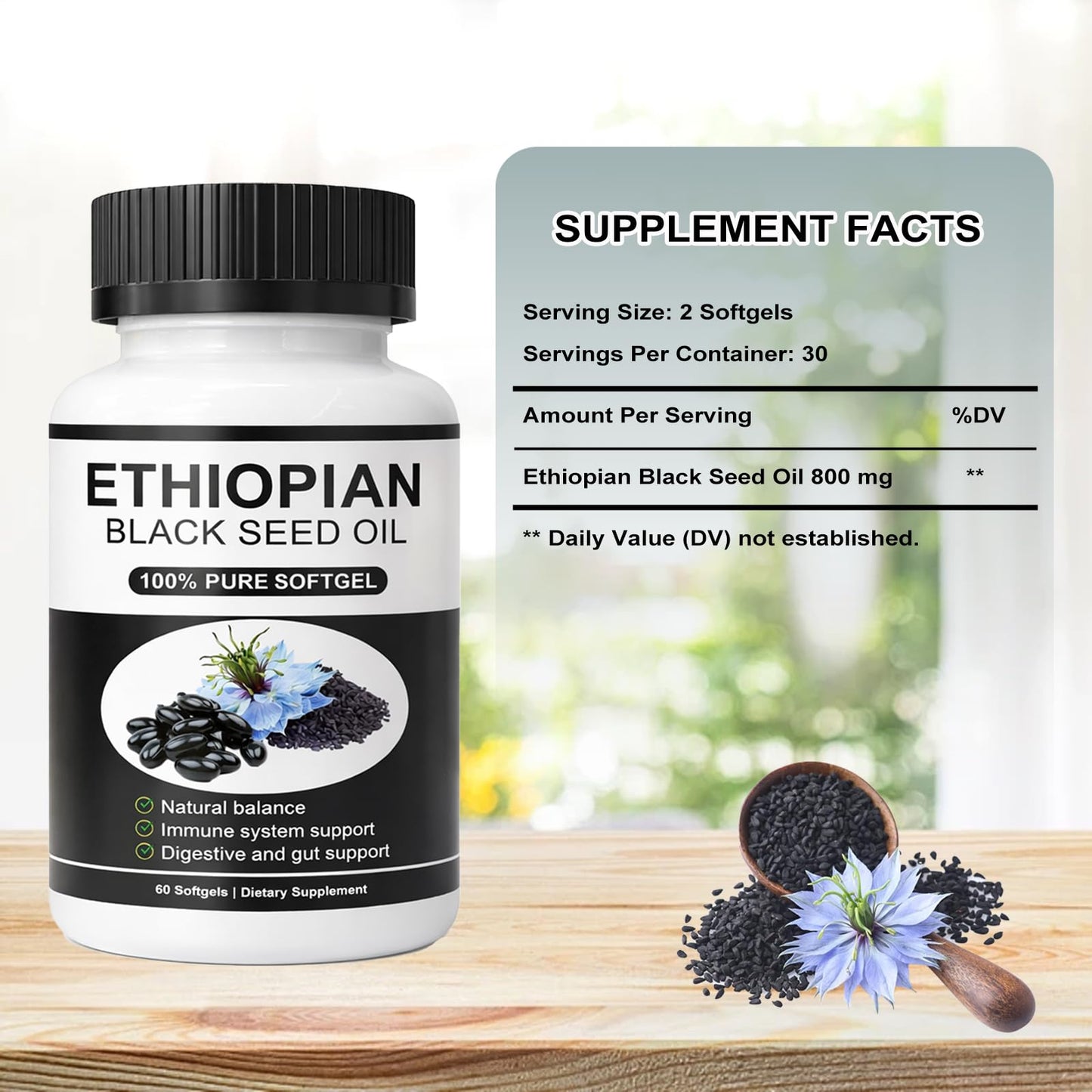 GraviGlow Ethiopian Black Seed Oil Softgels with 4.64% Thymoquinone, Organic Cold-Pressed Black Cumin Seed Oil, 1 Count