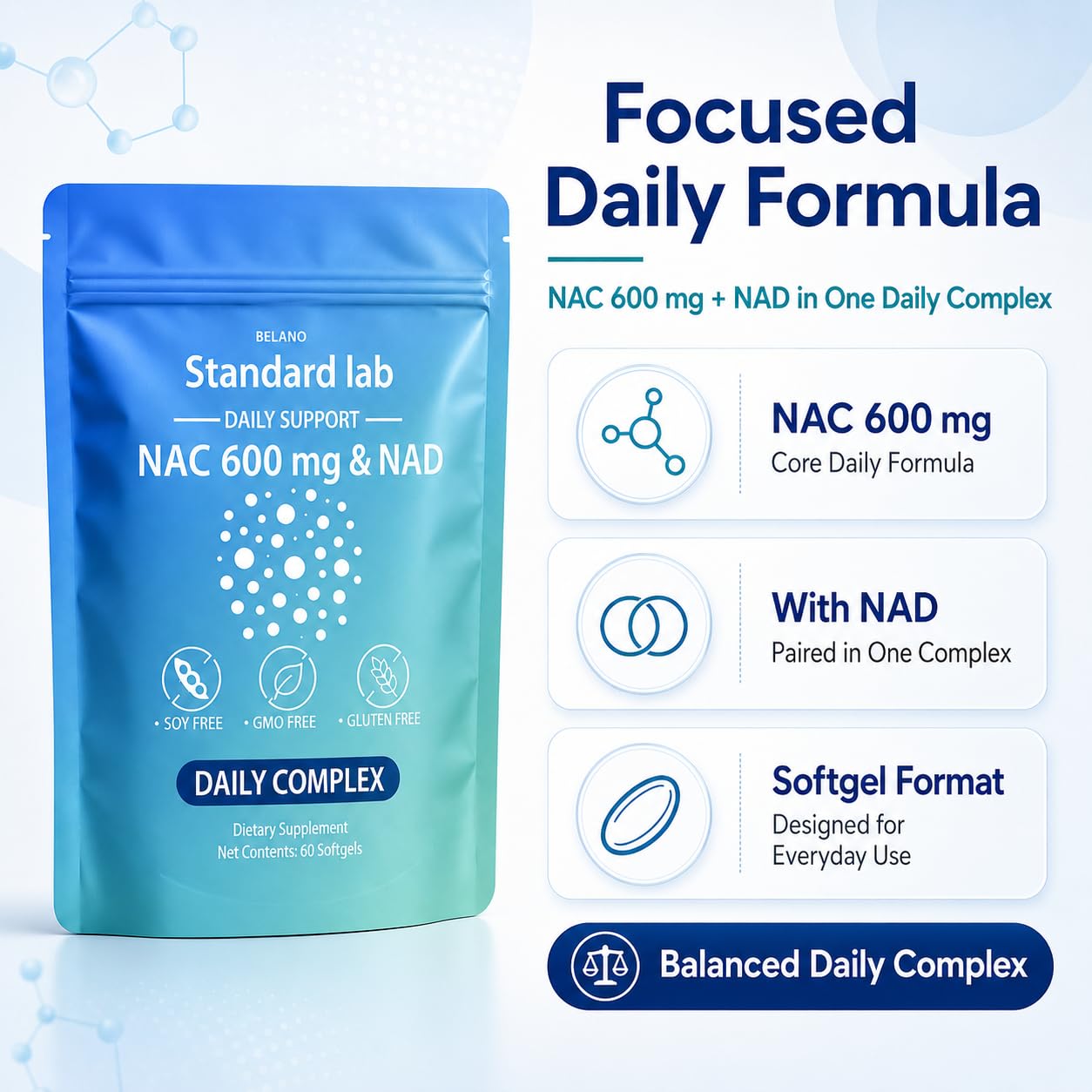 BELANO The Standard Lab NAC 600 mg & NAD Daily Formula Softgels, 60 Count