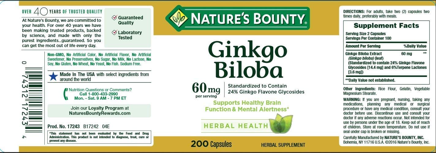 Nature's Bounty Ginkgo Biloba 60mg Capsules 400 Capsules