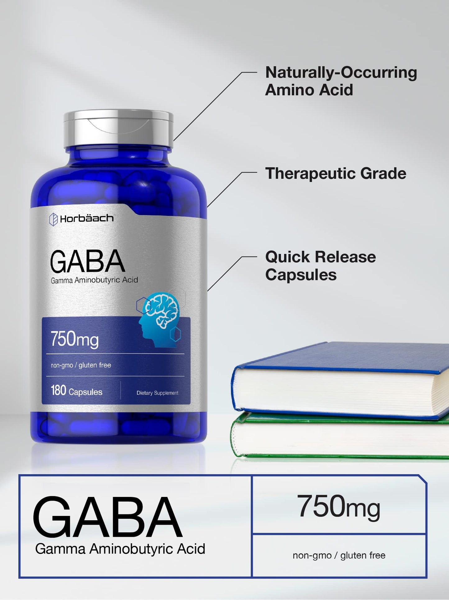 Horbäach GABA 750mg Gamma Aminobutyric Acid Supplement Capsule, 180 Capsules, Non-GMO, Gluten Free