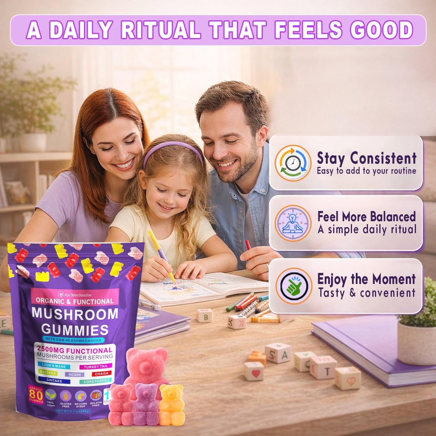 AJO MERCHANDISE Lion's Mane Mushroom Gummies for Focus & Energy with KSM-66 Ashwagandha, 80 Gummies