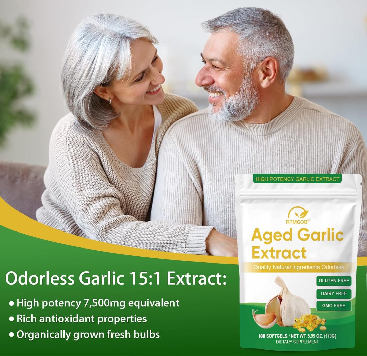 RTMGOB Organic Aged Garlic Extract Supplements 180 Softgels