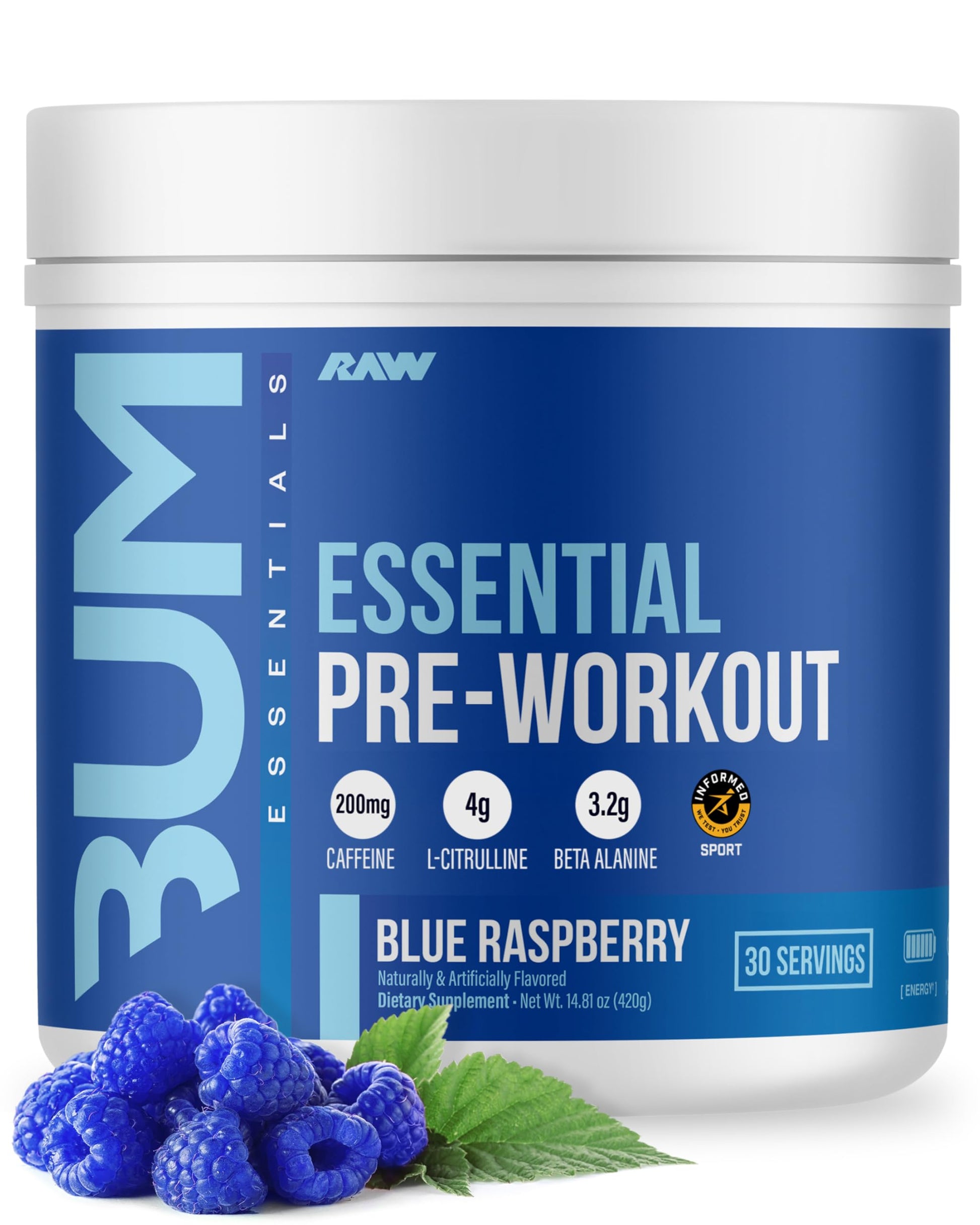 RAW Essential Pre Chris Bumstead Pre Workout Formula Powder 14.39 oz Blue Raspberry