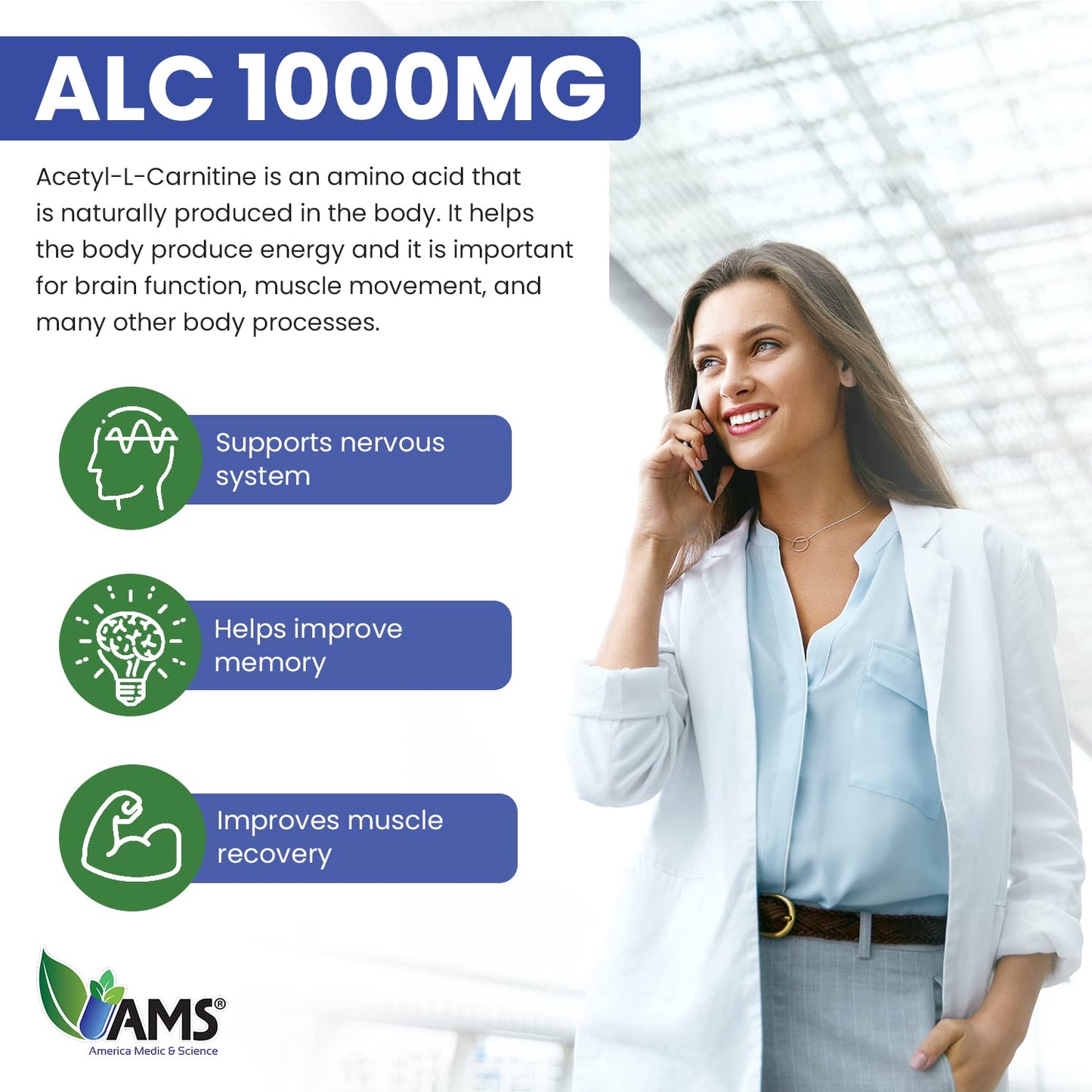 America Medic & Science Acetyl L-Carnitine 1000mg Tablets 60 Count