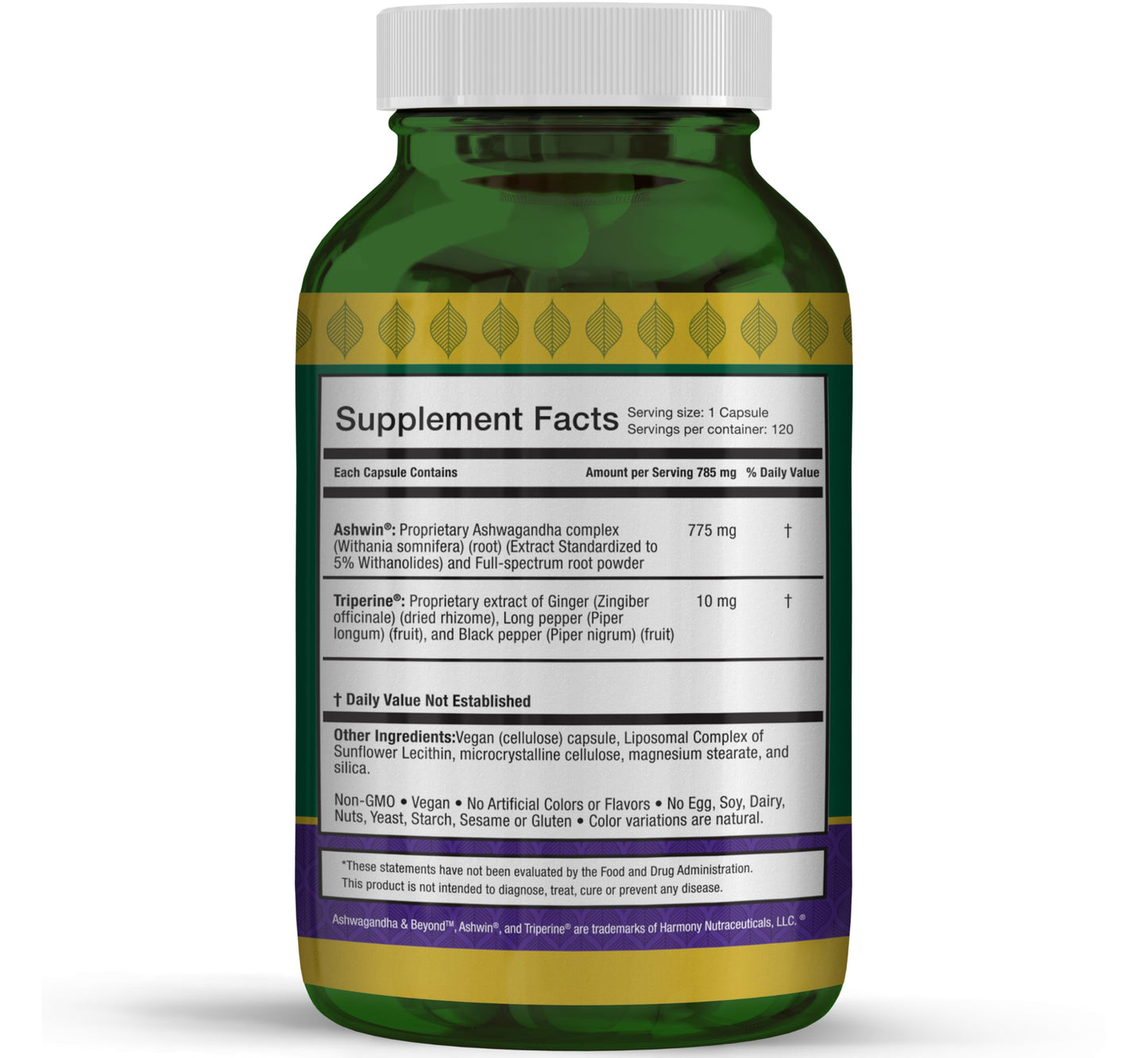 Harmony Nutraceuticals Ashwin Liposomal Ashwagandha High Potency Root Extract with Triperine Absorption Complex 120 Capsules