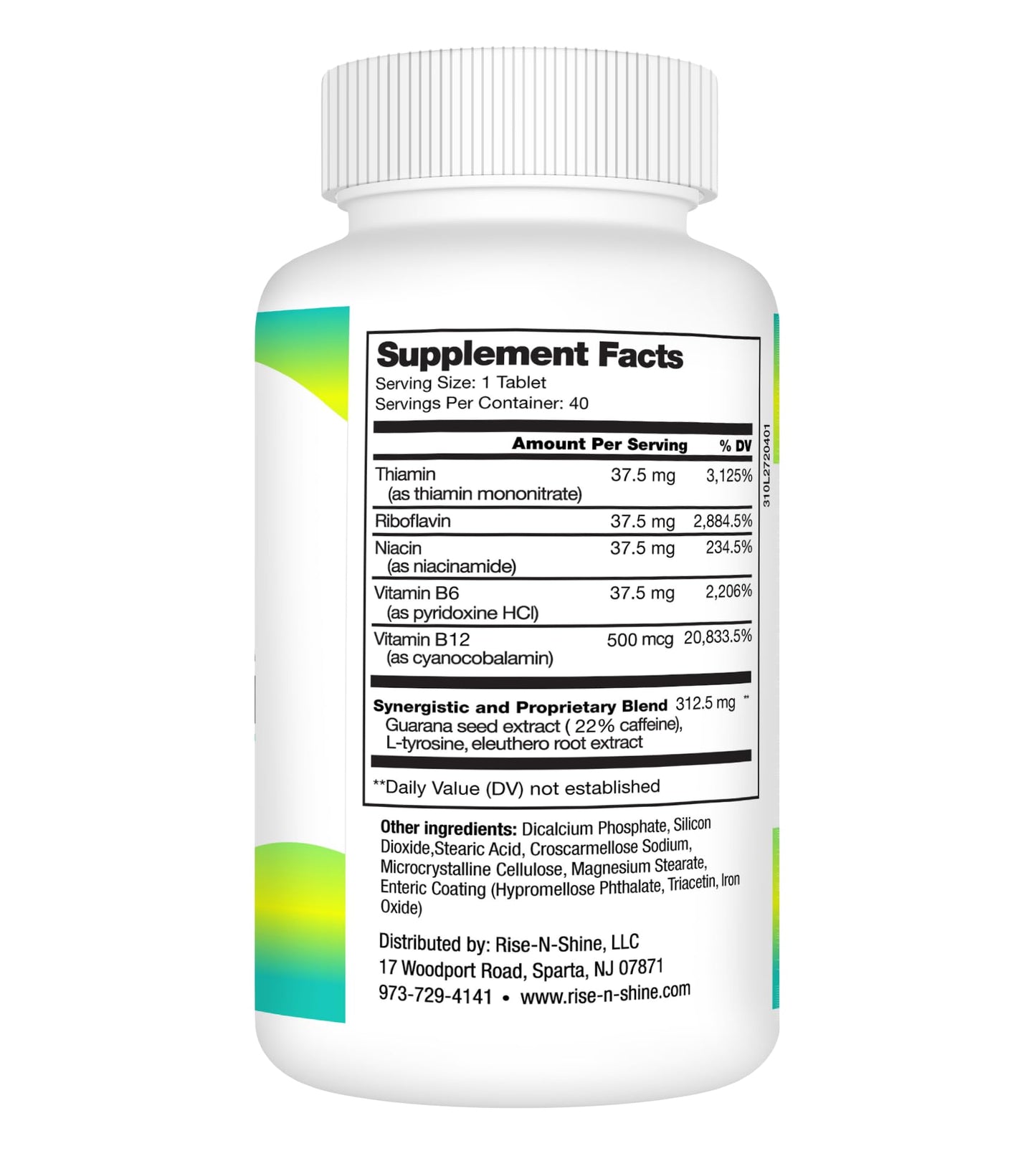 Rise-N-Shine Good Morning Energy Boost, Focus and Alertness Support Supplement with B12, Guarana, L-Tyrosine, Ginseng Tablet, 40 Count