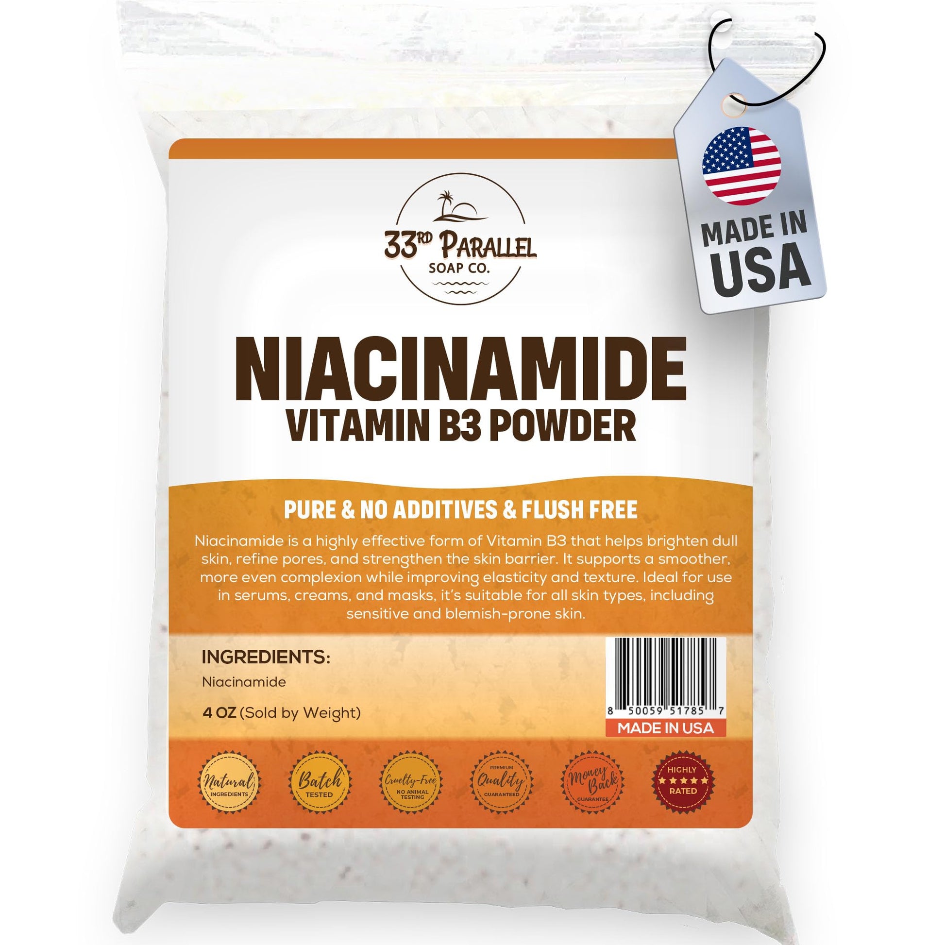 33RD PARALLEL SOAP CO. Niacinamide Powder Vitamin B3, 4 Ounces