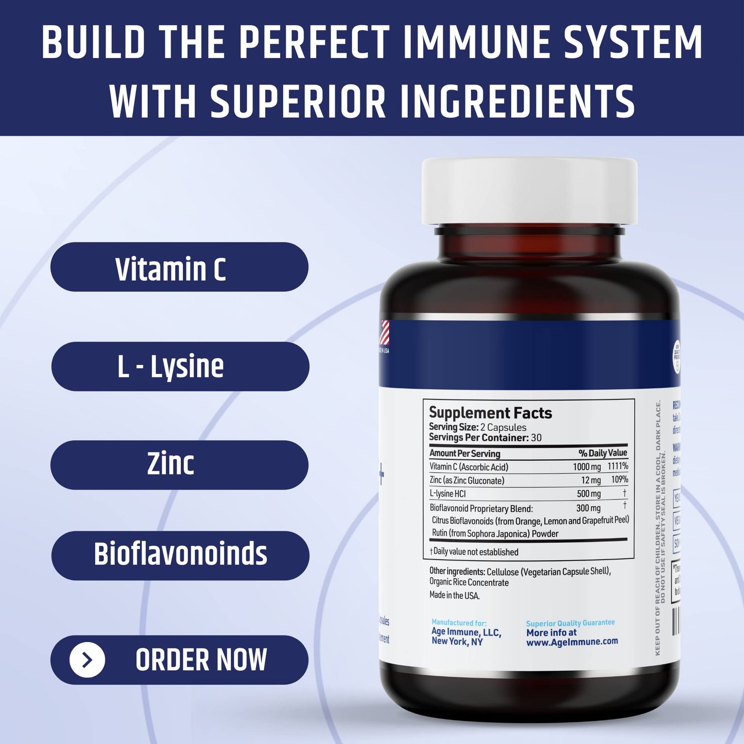 AgeImmune Vitamin C 1000mg Complex with L-Lysine 500mg, Zinc 12mg, Bioflavonoids 300mg Capsule, 60 Count
