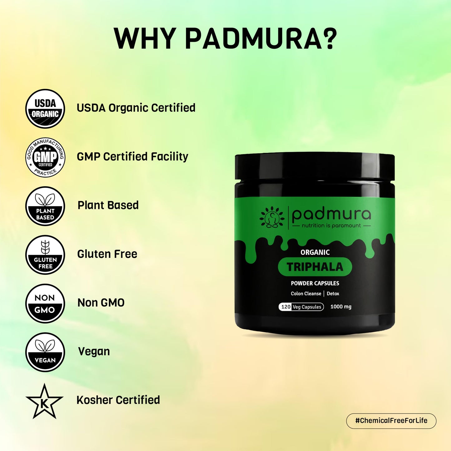 PADMURA Organic Triphala Powder Capsules 1000mg, 120 Veg Capsules