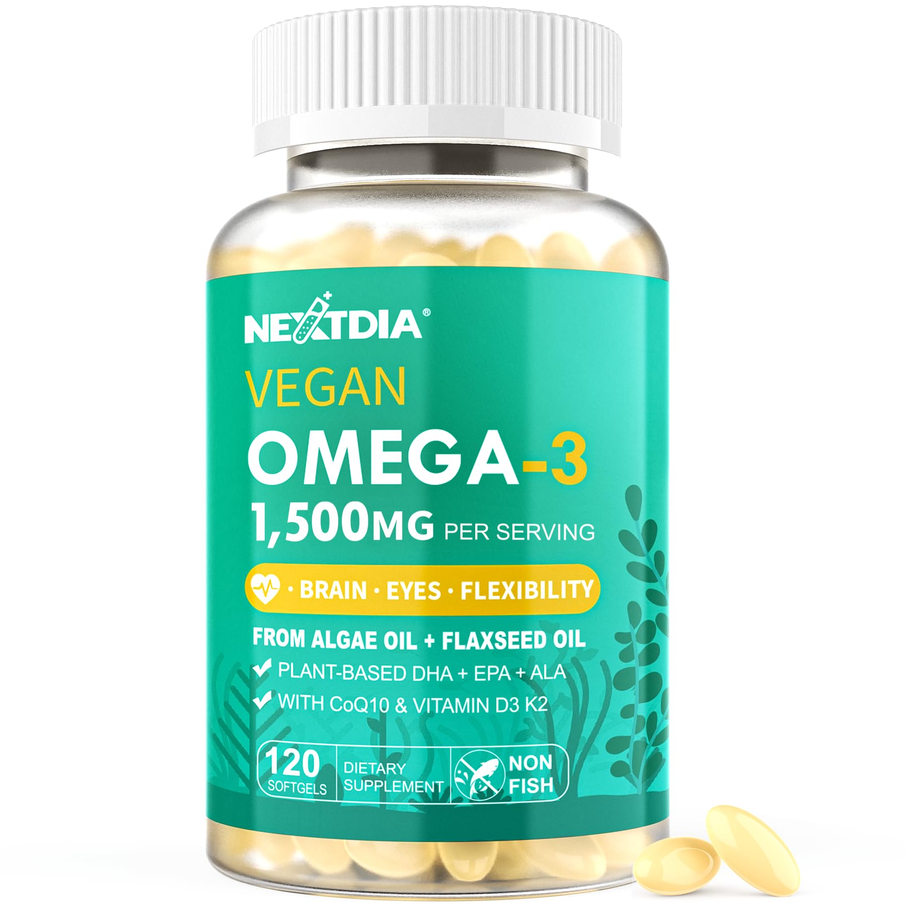 Nextdia Vegan Omega-3 EPA DHA ALA Supplements + CoQ10, Vitamin D3 K2 120 Softgels