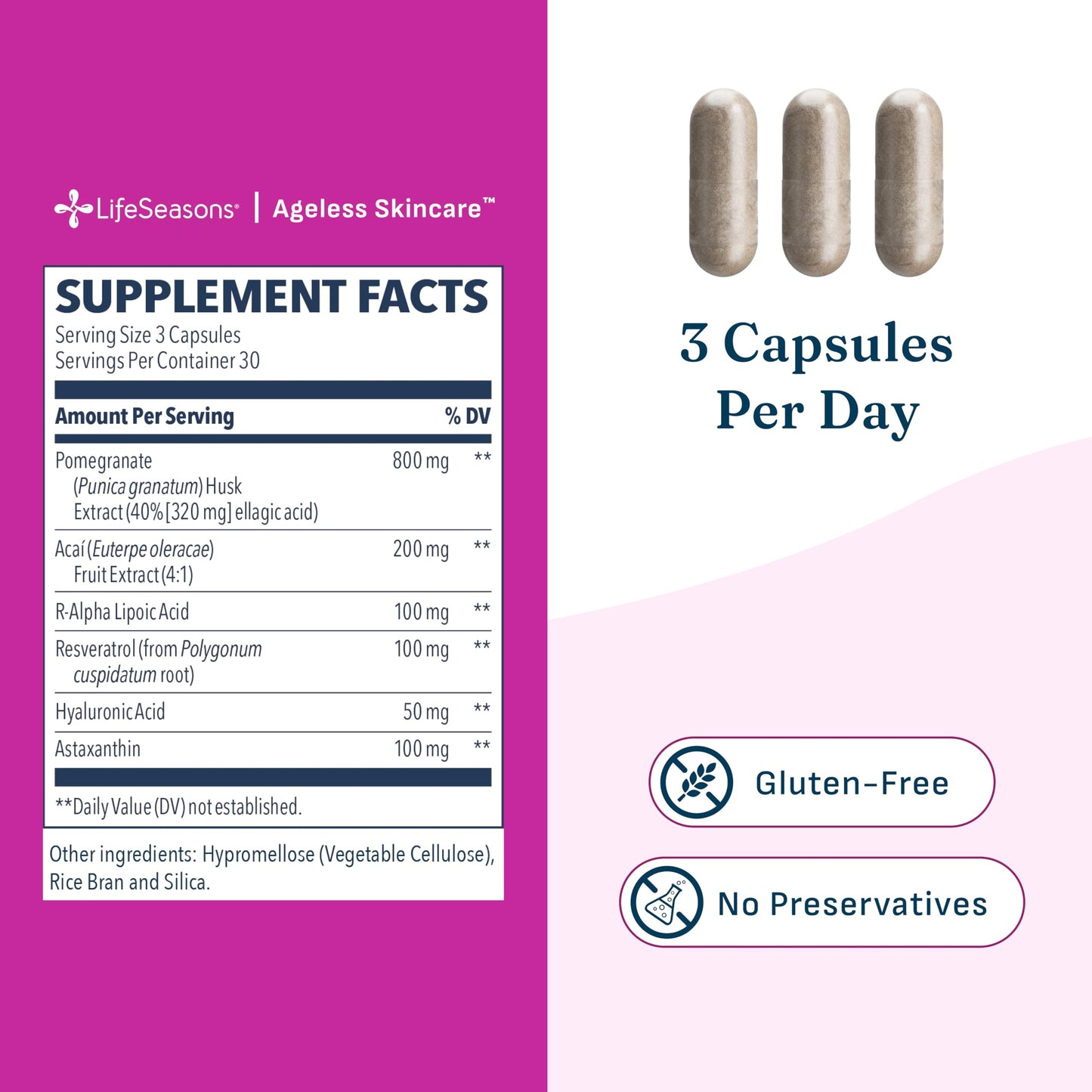 LifeSeasons Ageless Skincare Anti Aging Supplement Antioxidant Support Moisturizes & Nourishes Skin Acai Berry Astaxanthin Resveratrol R-Alpha Lipoic Acid & Pomegranate Extract Capsule 90 Count