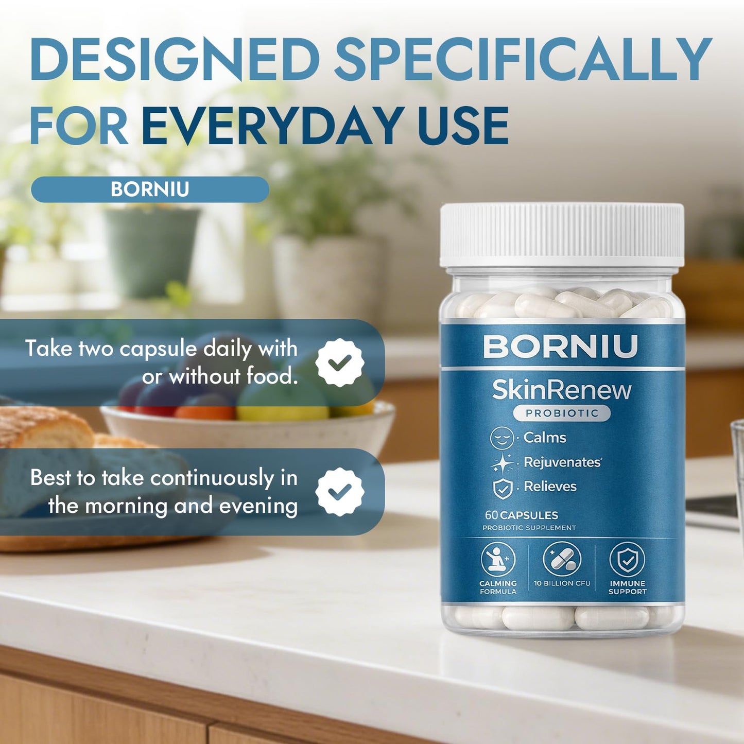 NutraNeo Borniu SkinRenew Probiotic for Gut and Skin Support, 60 Capsules