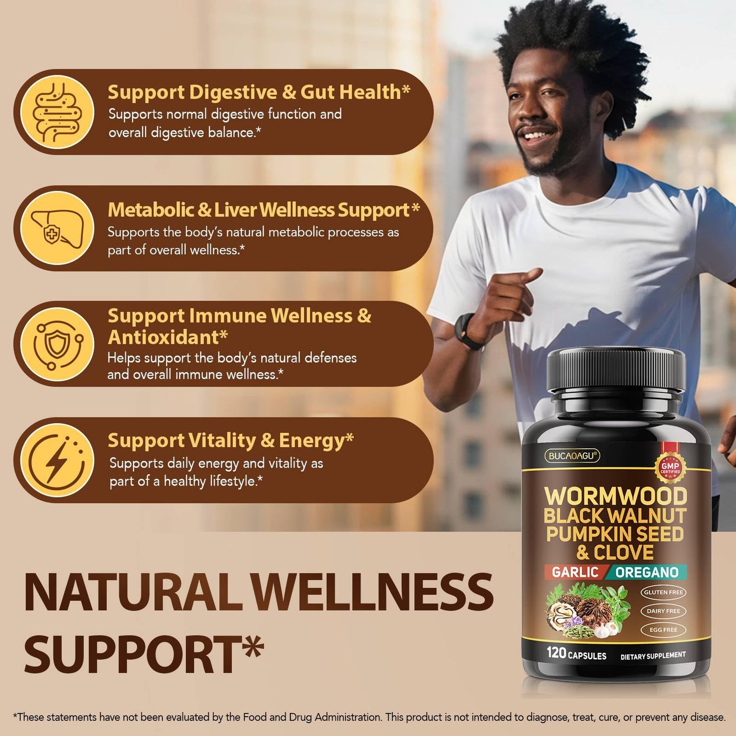 BUCAOAGU Wormwood Black Walnut Clove Cleanse for Humans - Natural Gut Cleanse & Digestive Health with Pumpkin Seed Garlic Oregano Neem Papaya Turmeric Diatomaceous Earth Probiotic Supplement 120 Capsules