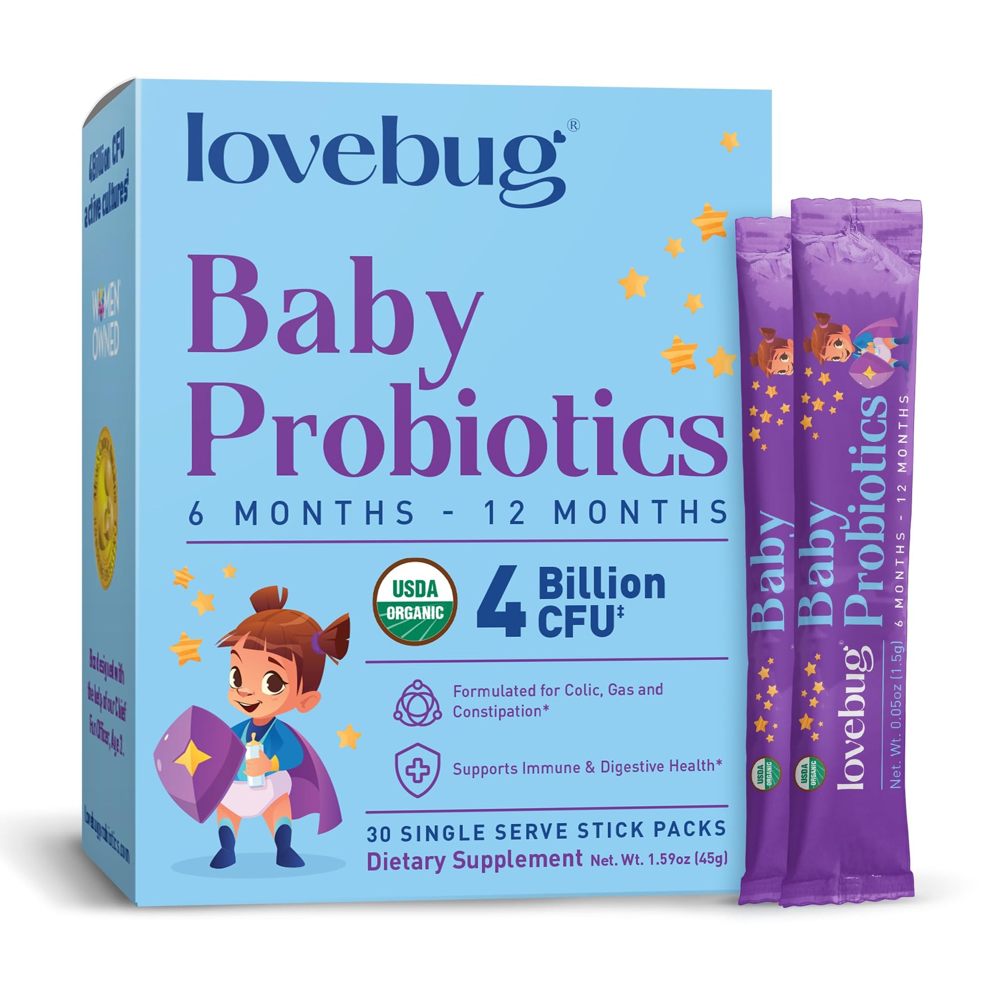 LOVEBUG USDA Organic Probiotic for Babies Powder, Multi-Strain 4 Billion CFU, 30 Packets