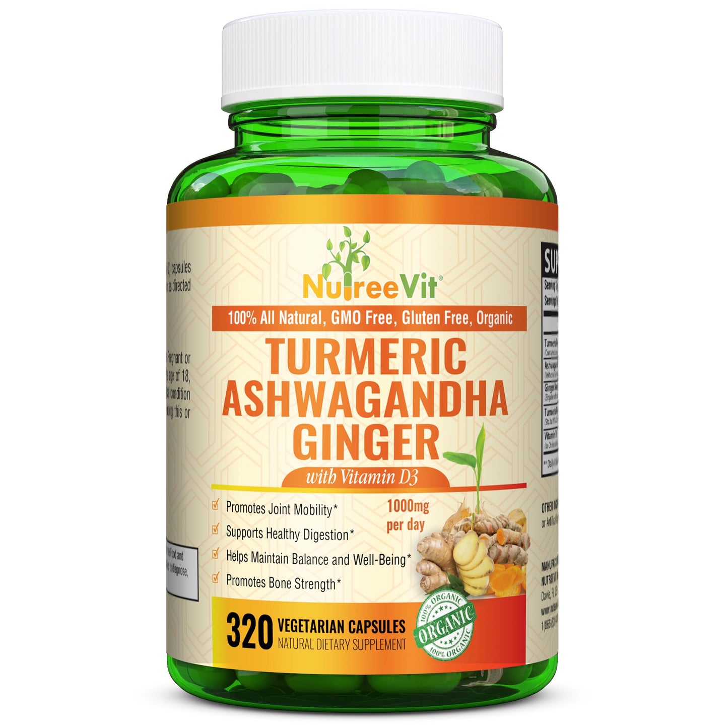NutreeVit Organic Turmeric with Ashwagandha & Ginger Capsules, 320