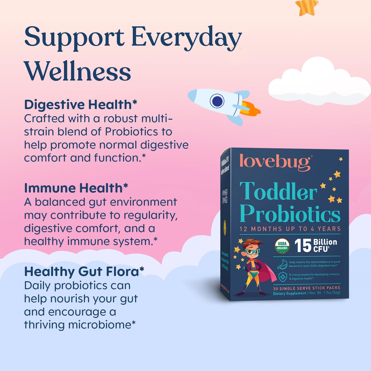LOVEBUG Kids Probiotic Powder with Prebiotic Fiber - Toddler Immunity Support & Constipation Relief - USDA Organic Probiotics for Children's Gut & Digestive Health (Ages 1-4) - 30 Pack