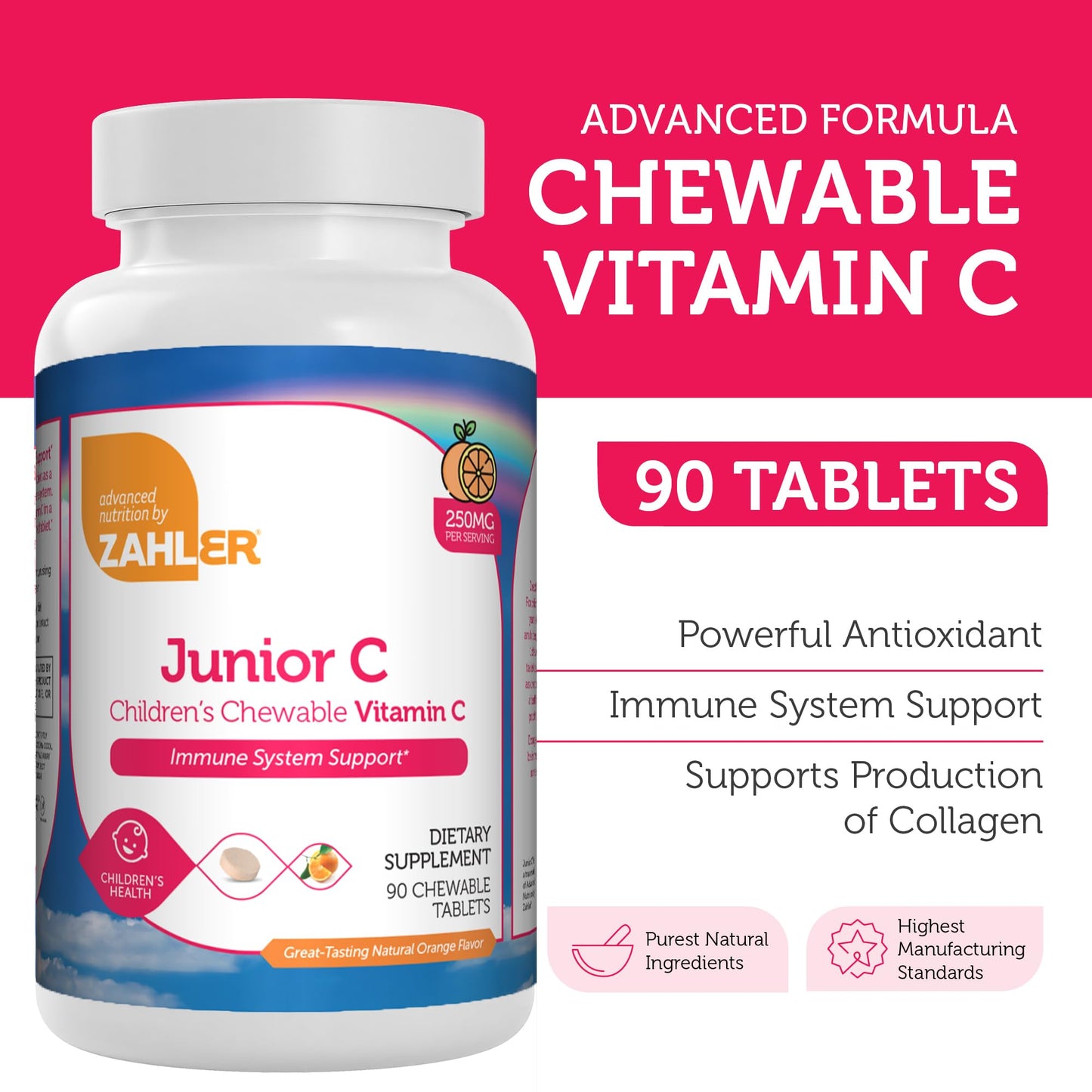 Zahler Junior C Advanced Chewable Vitamin C for Kids 90 Count Tablets