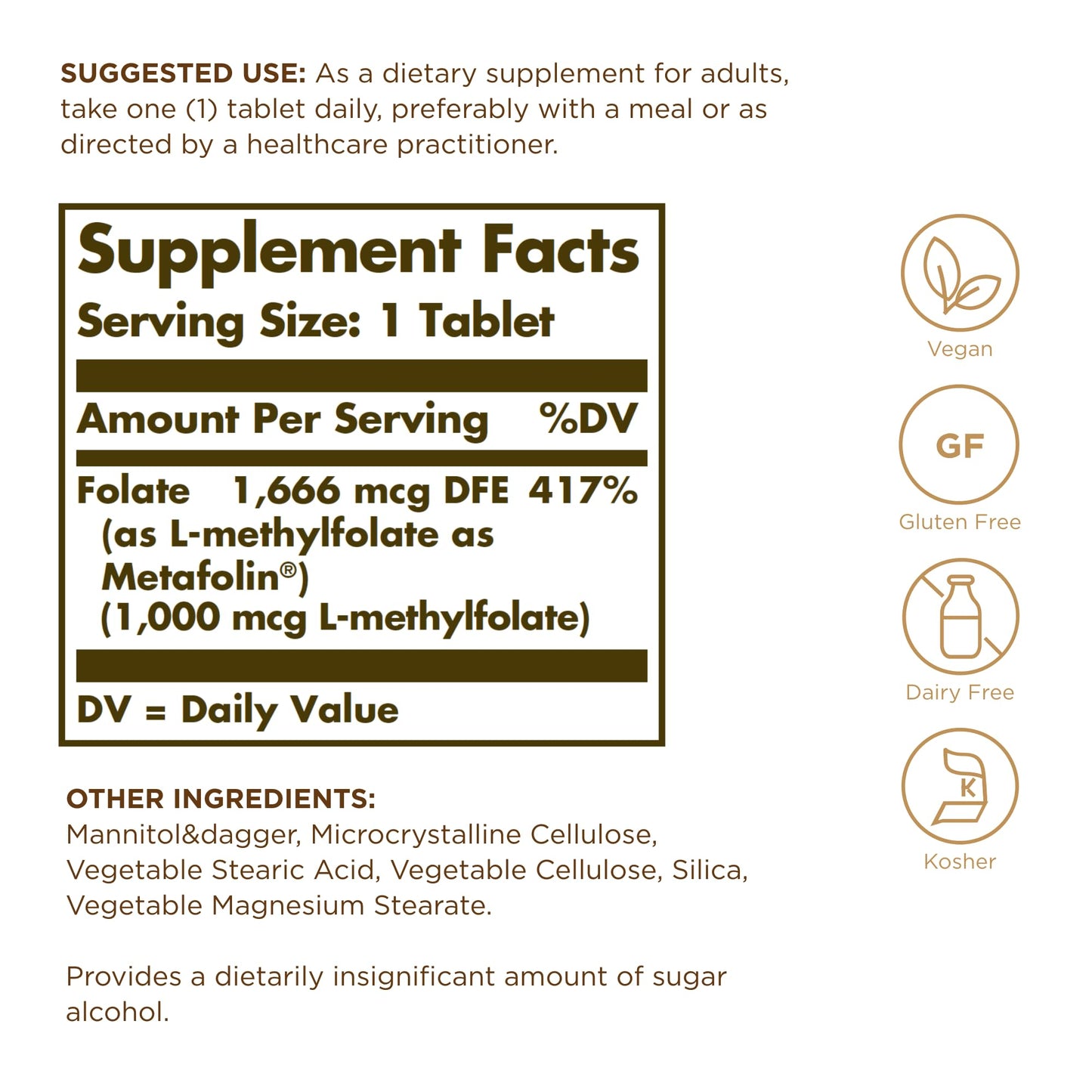 Solgar Folate 1000 mcg Bio-Active Metafolin Tablets, 120 Tablets