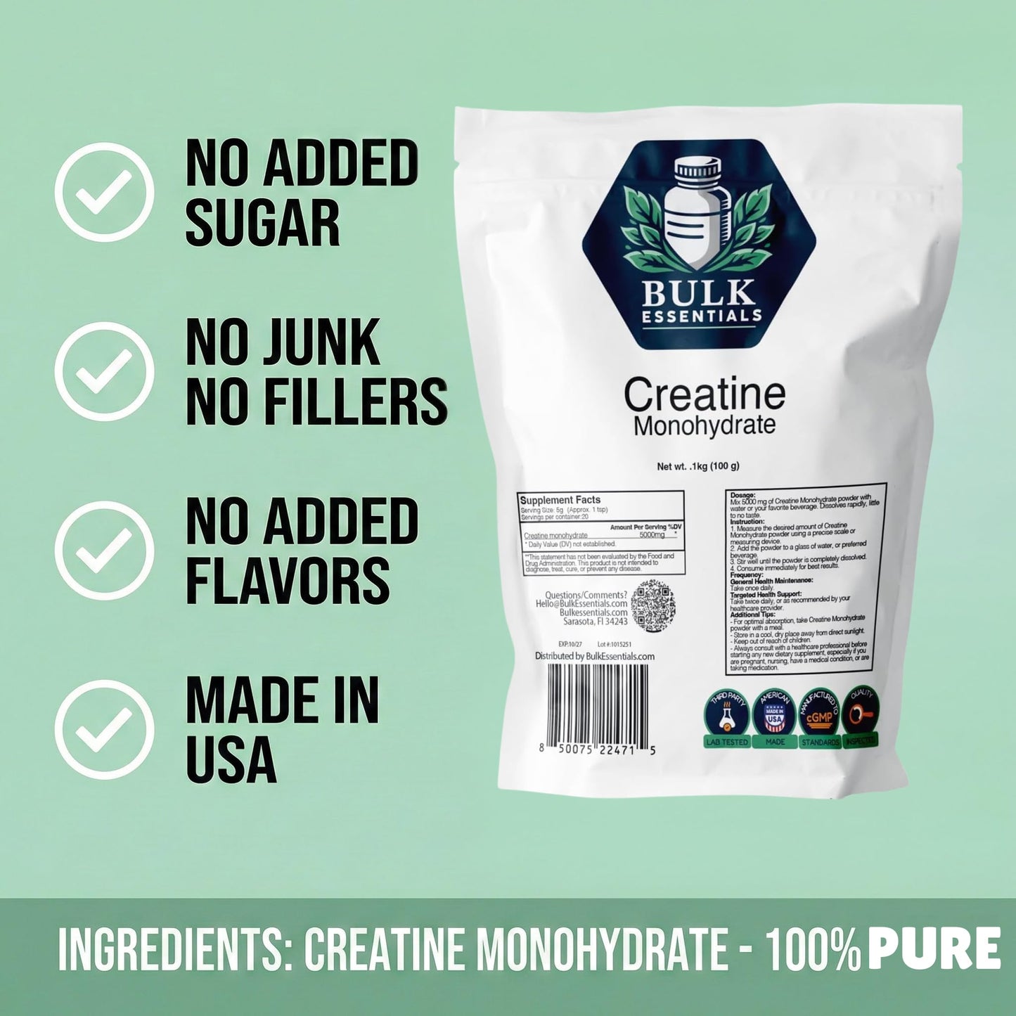 Bulk Essentials Micronized Creatine Monohydrate Powder 3.52 oz, 20 Servings