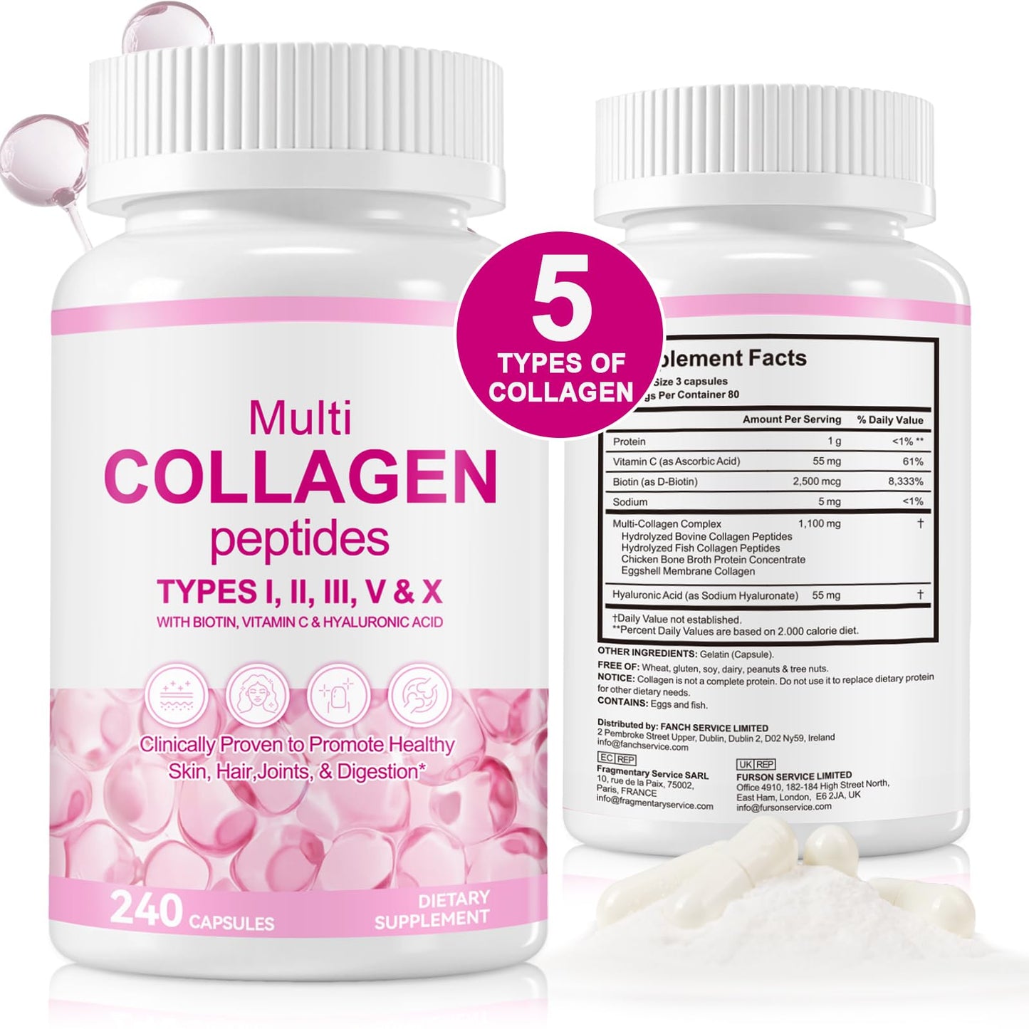 Vceeoy Multi Collagen Peptides for Men & Women, Multi Collagen Supplements Capsule with Biotin, Vitamin C & Hyaluronic Acid, Type I, II, III, V, X, 240 Capsules