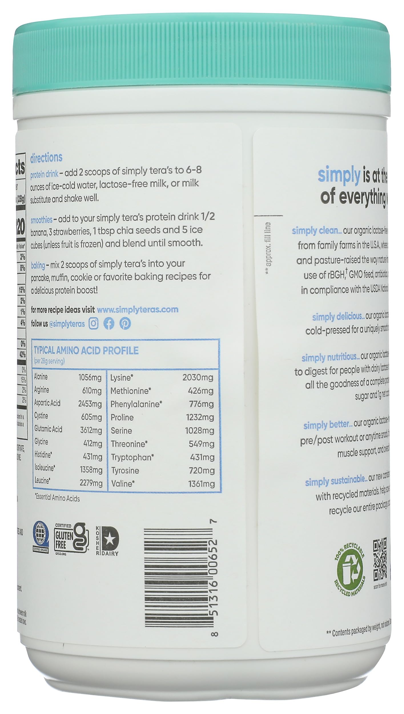 Simply Tera's Whey Protein Powder Plain Lactose Free Organic, 12 Ounce