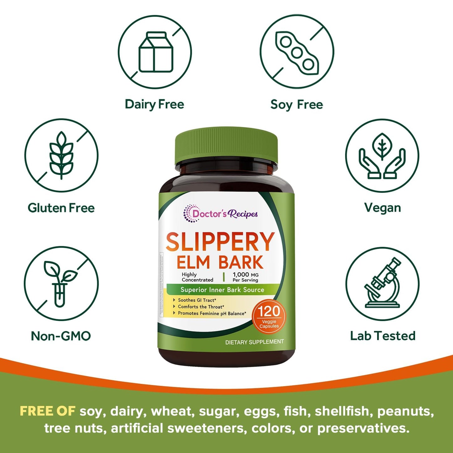 Doctor's Recipes Slippery Elm Bark Vegan Capsules 120 Count, Non-GMO