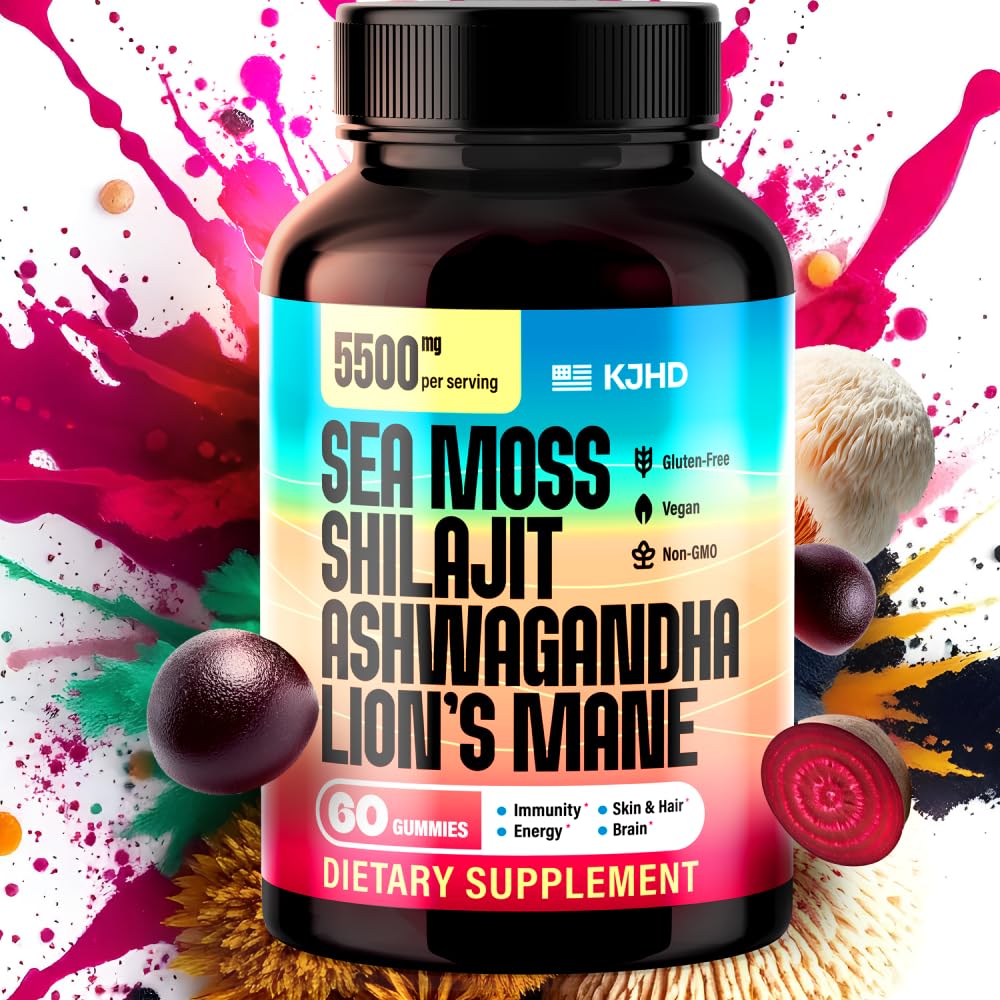 KJHD Shilajit Ashwagandha Gummies with Sea Moss, Beet Root, Lion’s Mane Mushroom & Black Seed Oil – Organic Herbal Superfood Supplement – 120 Vegan Gummies