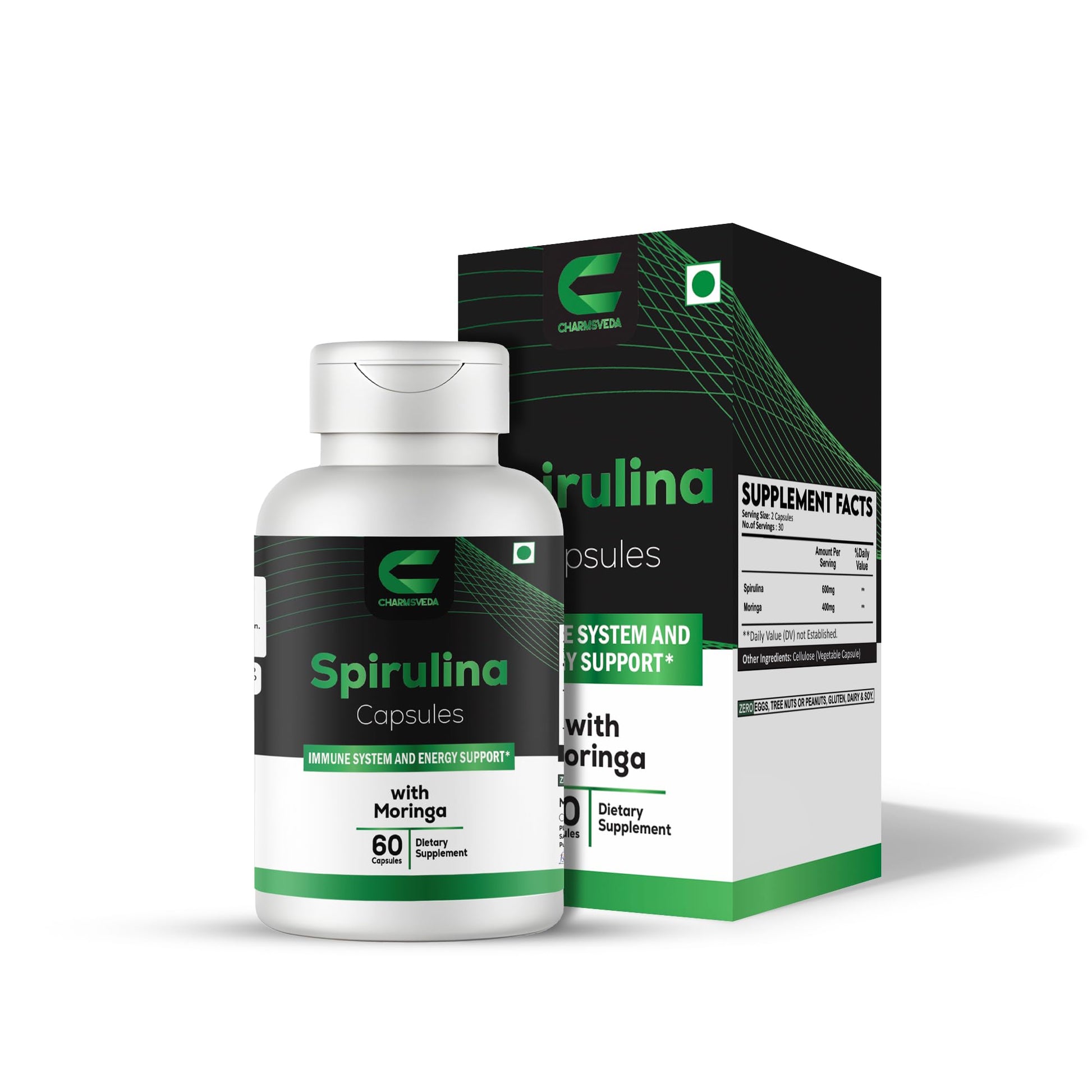 CHARMSVEDA Spirulina Capsules with Moringa, 60 Capsules
