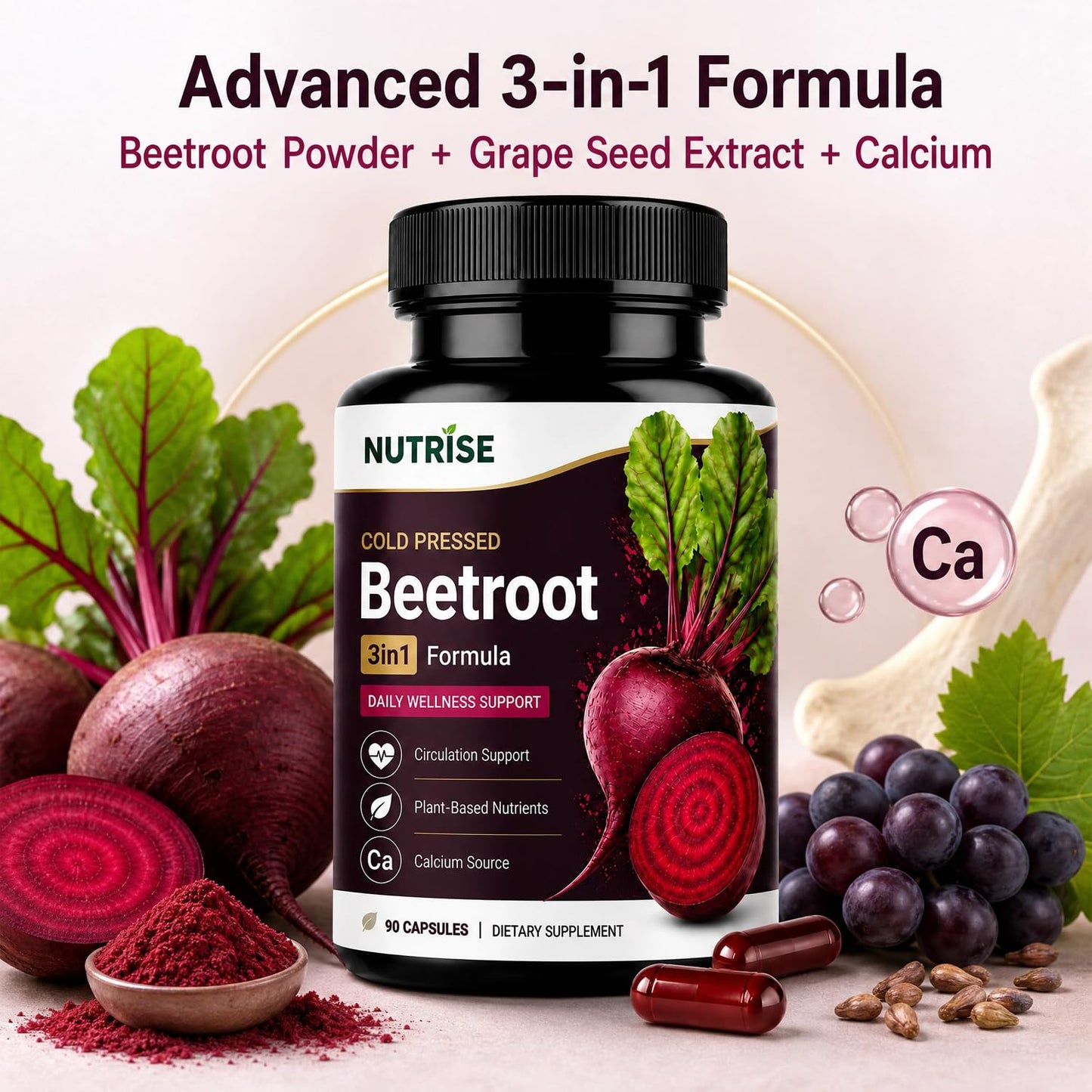 OVOVA Nutrise Beetroot Capsules with Grape Seed Extract, 3-in-1 Plant-Based Formula, Vegan Non-GMO, 90 Capsules