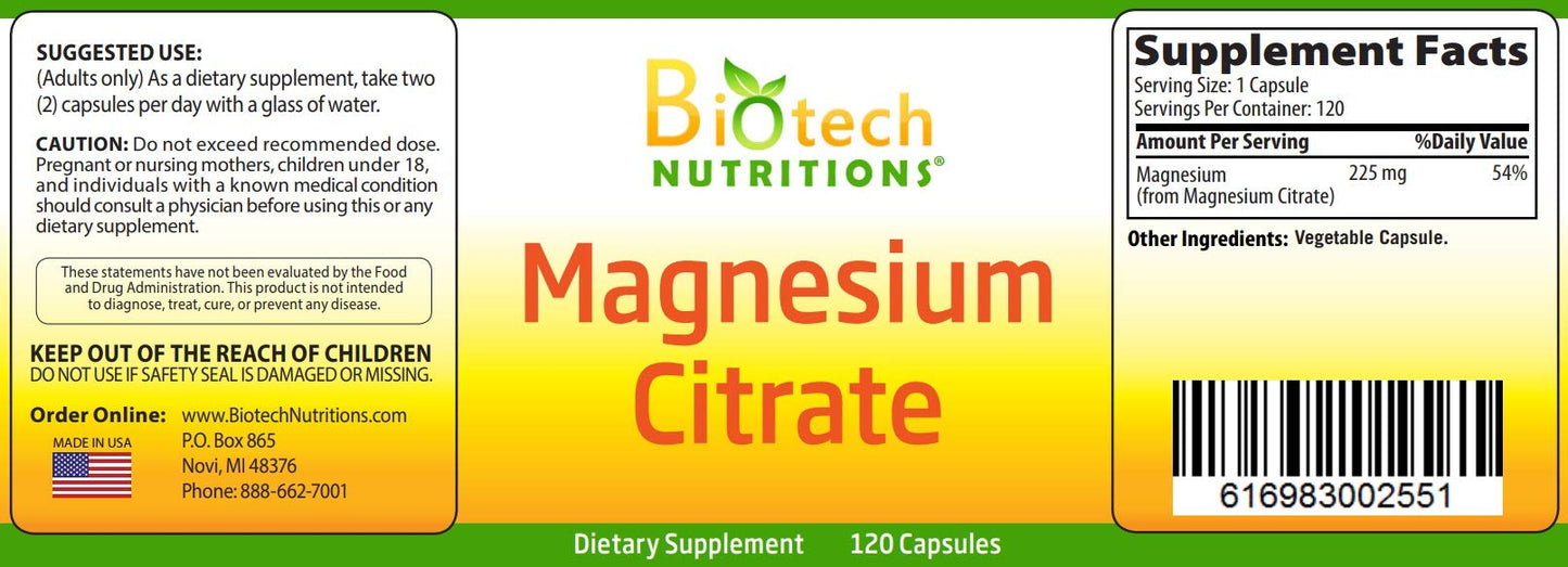 Biotech Nutritions Magnesium Citrate 225 mg Magnesium Vegetable Capsules, 120 Count, Gelatin-Free, Non-GMO, Vegan