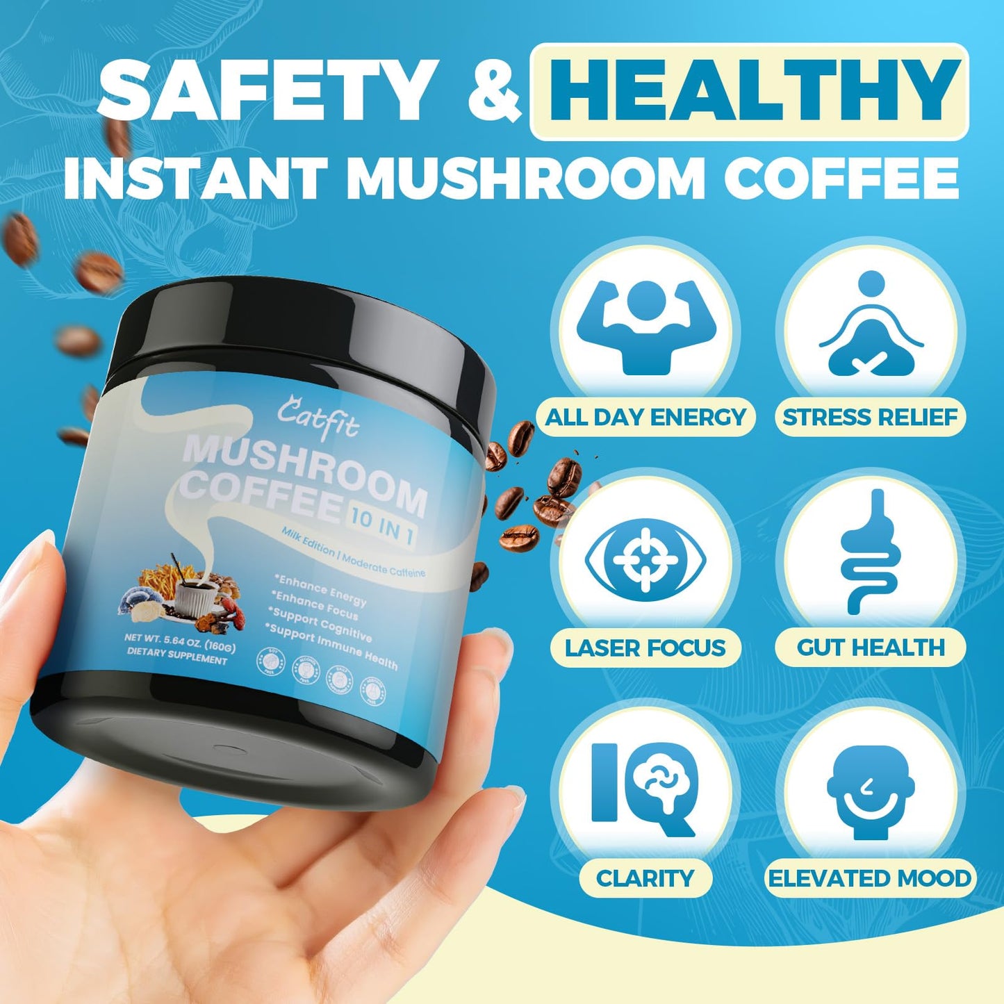 Catfit Instant Mushroom Coffee Powder, 10-in-1 Adaptogen Blend with Lion's Mane, Chaga & Cordyceps for Energy, Focus, Gut Health & Immune Support, 5.5 Ounce, 52 Servings