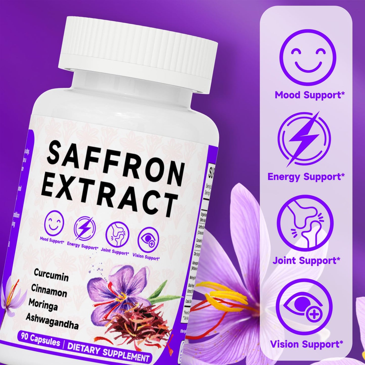 Mosslly Happy Saffron Supplements 100mg Saffron Extract, Saffron Blend with Turmeric & Ashwagandha Supports Mood, Focus, and Energy Boost, 90 Capsules
