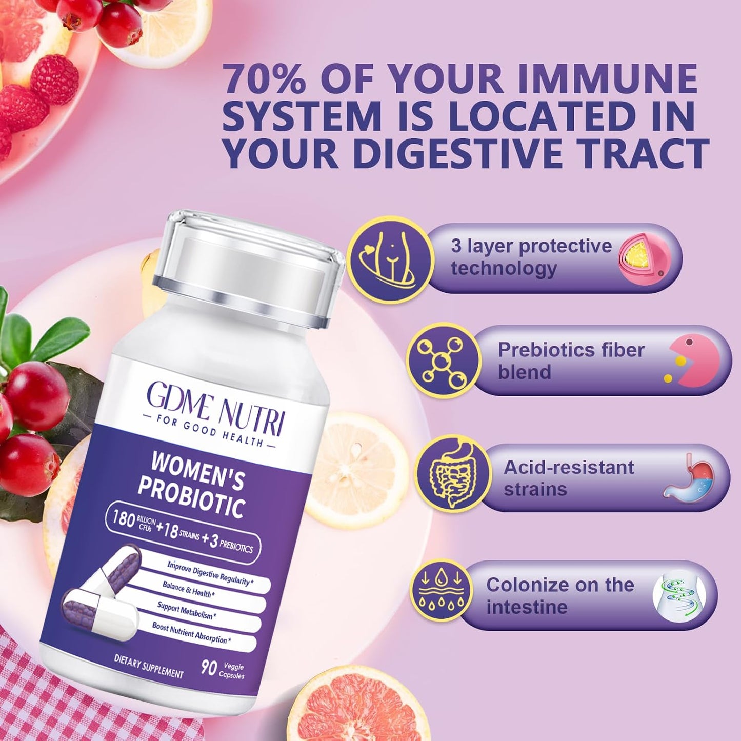 GDMENUTRI Probiotics 180 Billion CFU 18 Strains with Organic Prebiotic Cranberry Probiotic Supplement for Digestion and Immunity, Women's Health Capsules 90 Count