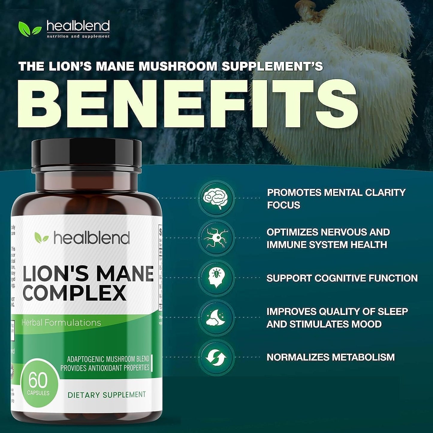 healblend Mushroom Complex Extract with Lion's Mane Fruiting Body Capsules, 60 Count