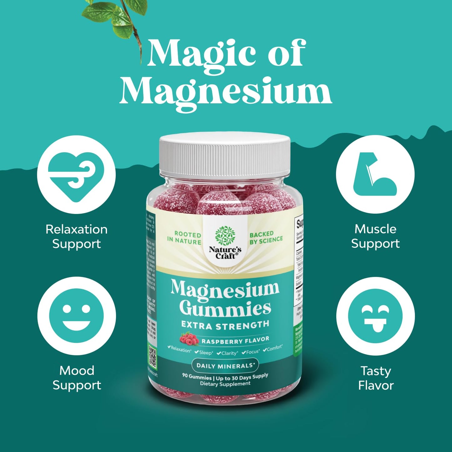 Natures Craft Extra Strength Calm Magnesium Gummies for Adults - Relaxing Magnesium Citrate Gummies with Elemental Mag - Sleep Aid Soft Chews Raspberry Flavored - 90 Count