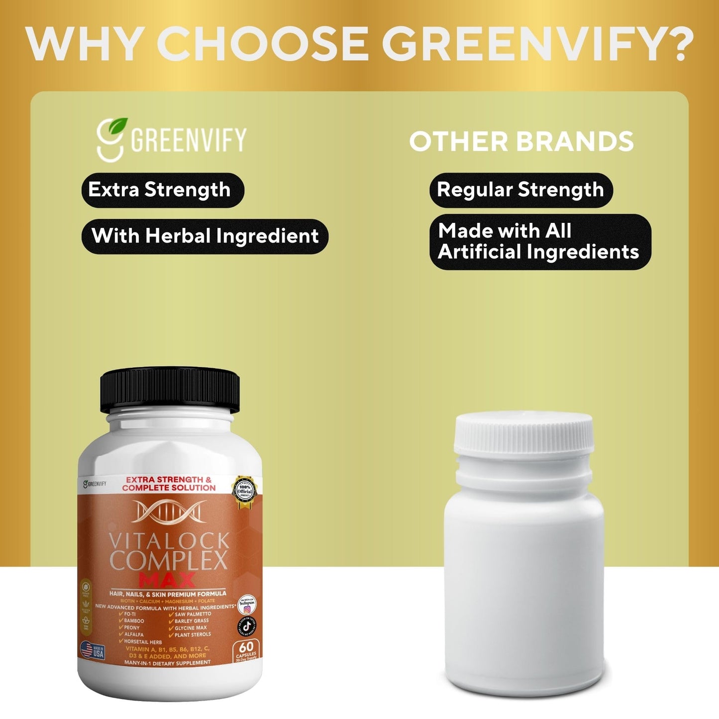 GREENVIFY Vitalock Complex MAX Hair, Nails & Skin Formula, Biotin, Folate, Vitamins A B C D E Capsules 60
