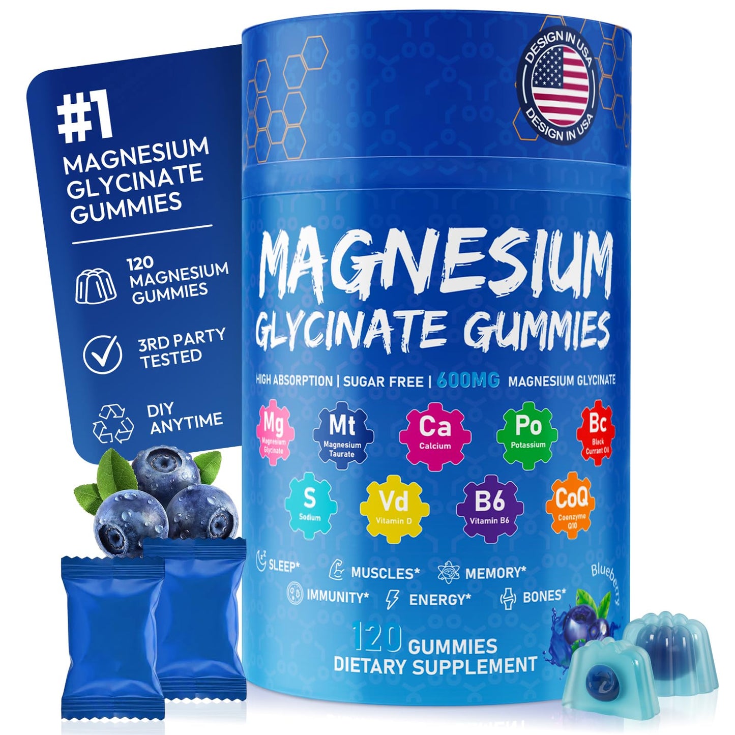 Xytora Magnesium Glycinate Gummies 600mg, Relax Support Magnesium, Blueberry, 120 Gummies