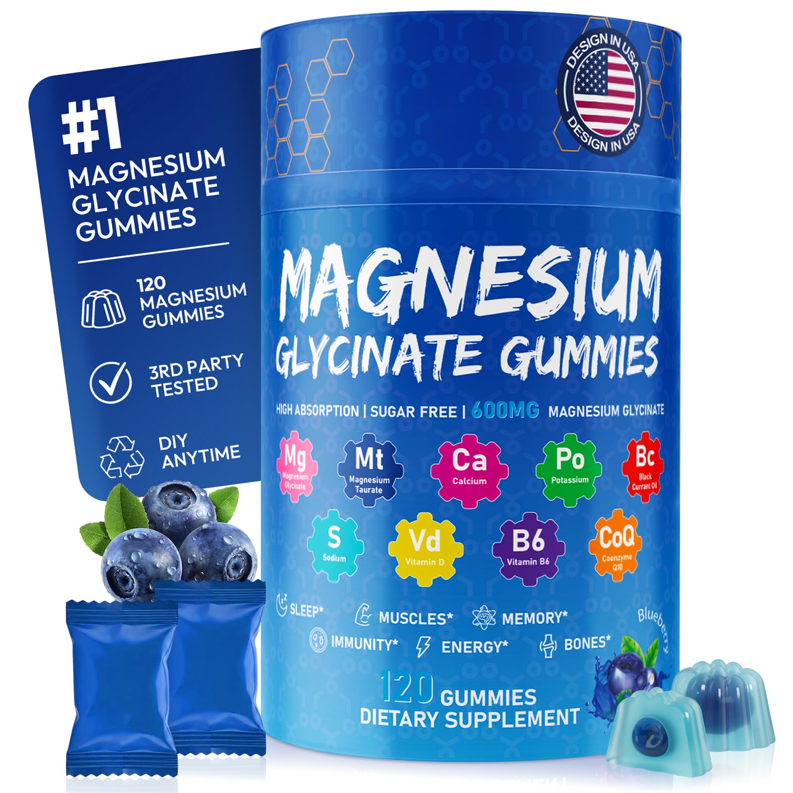 Xytora Magnesium Glycinate Gummies 600mg, Relax Support Magnesium, Blueberry, 120 Gummies