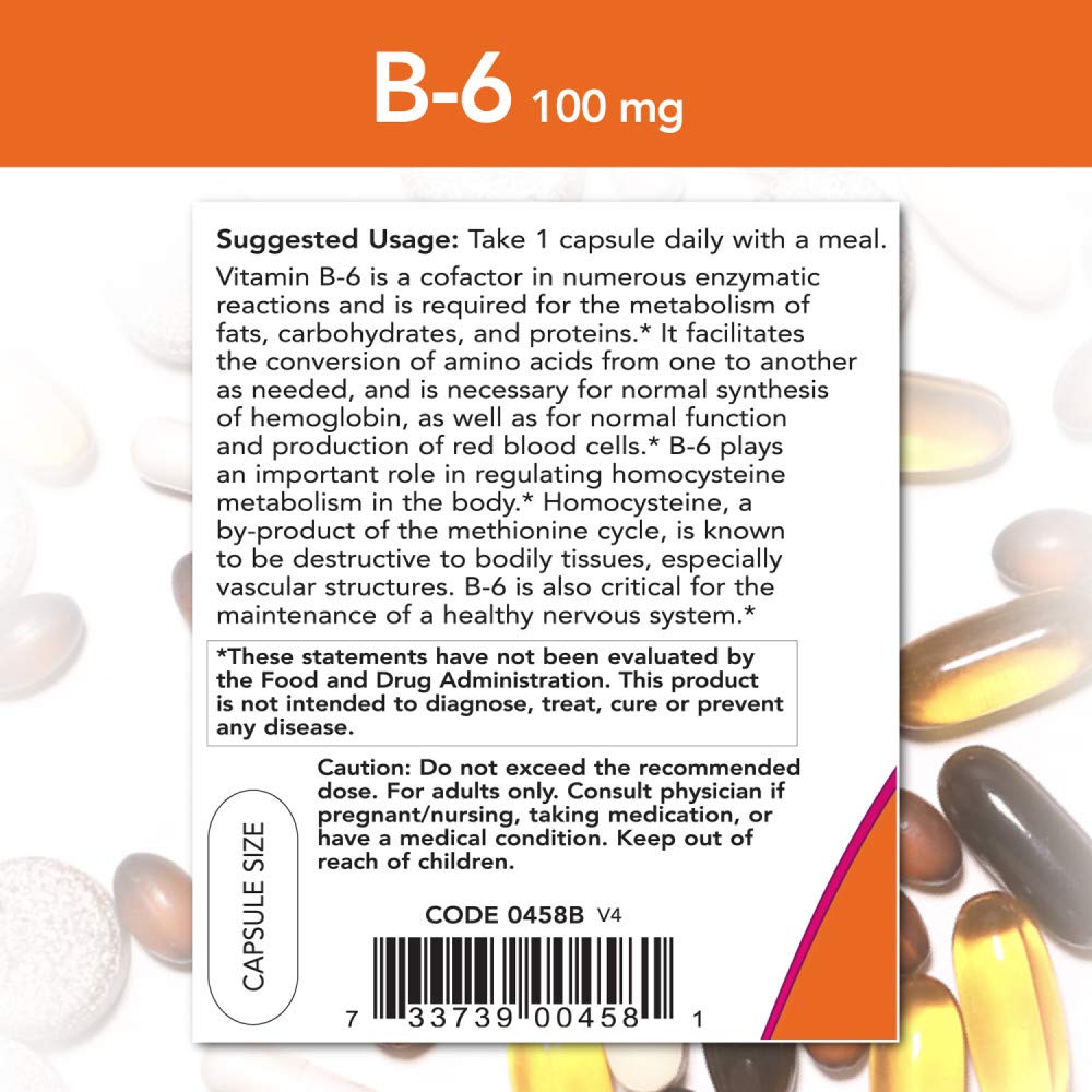 NOW Foods Vitamin B-6 100mg Capsules, 500 Count
