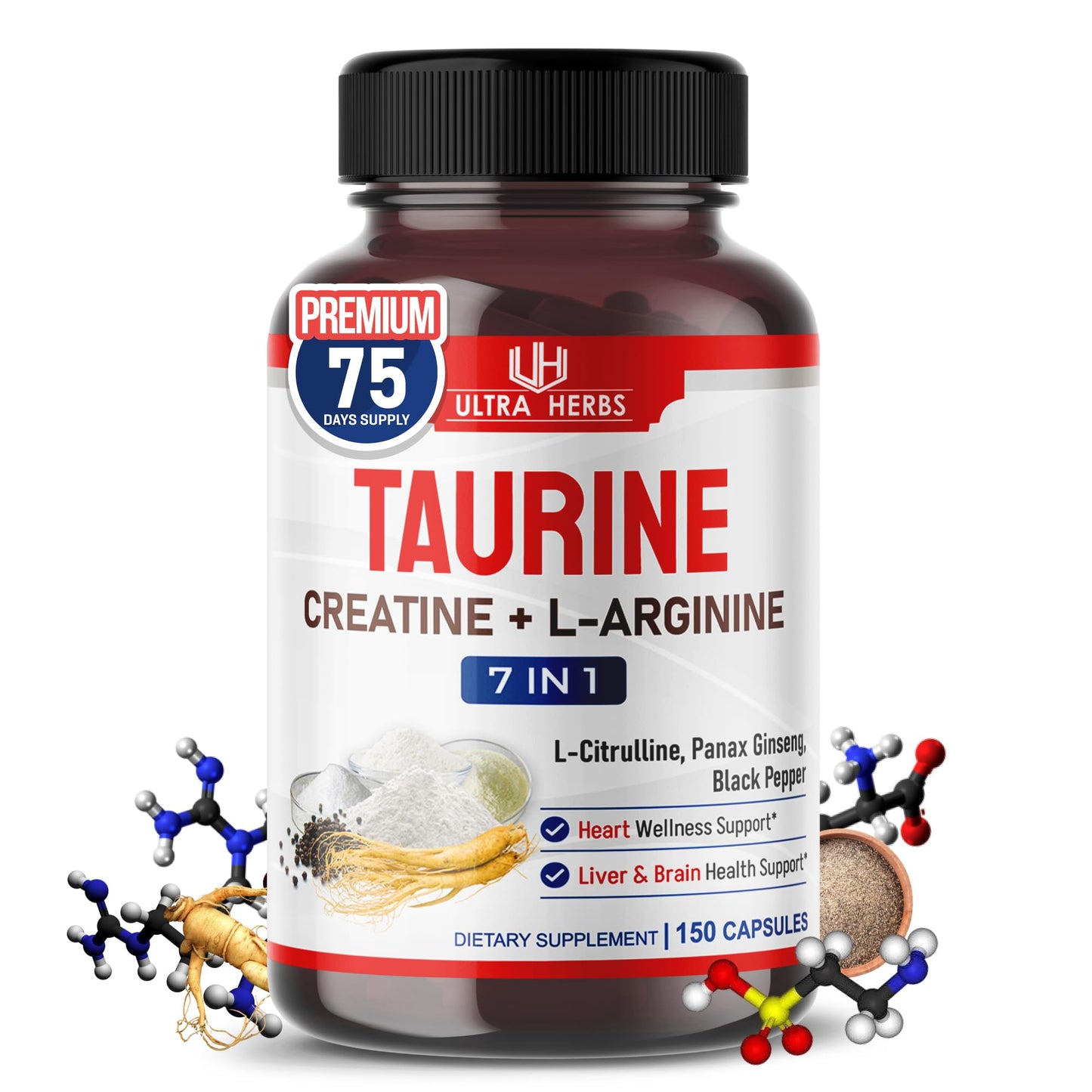 ULTRA HERBS Taurine Supplement with Creatine, L-Arginine, L-Citrulline & Panax Ginseng Capsules 150 Count